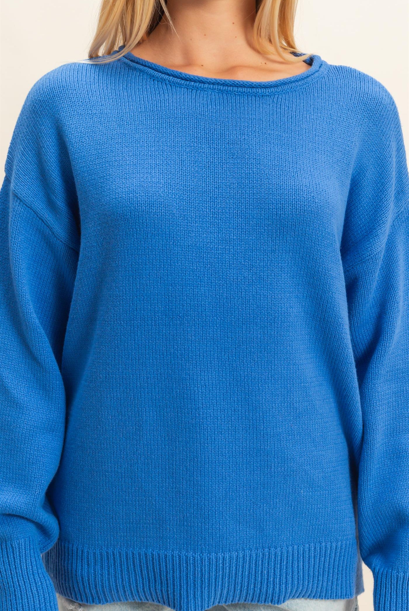 Wholesale Oversized Rolll Neck Knit Sweater Sweaters DZ25E908 OCEAN BLUE DOUBLE ZERO