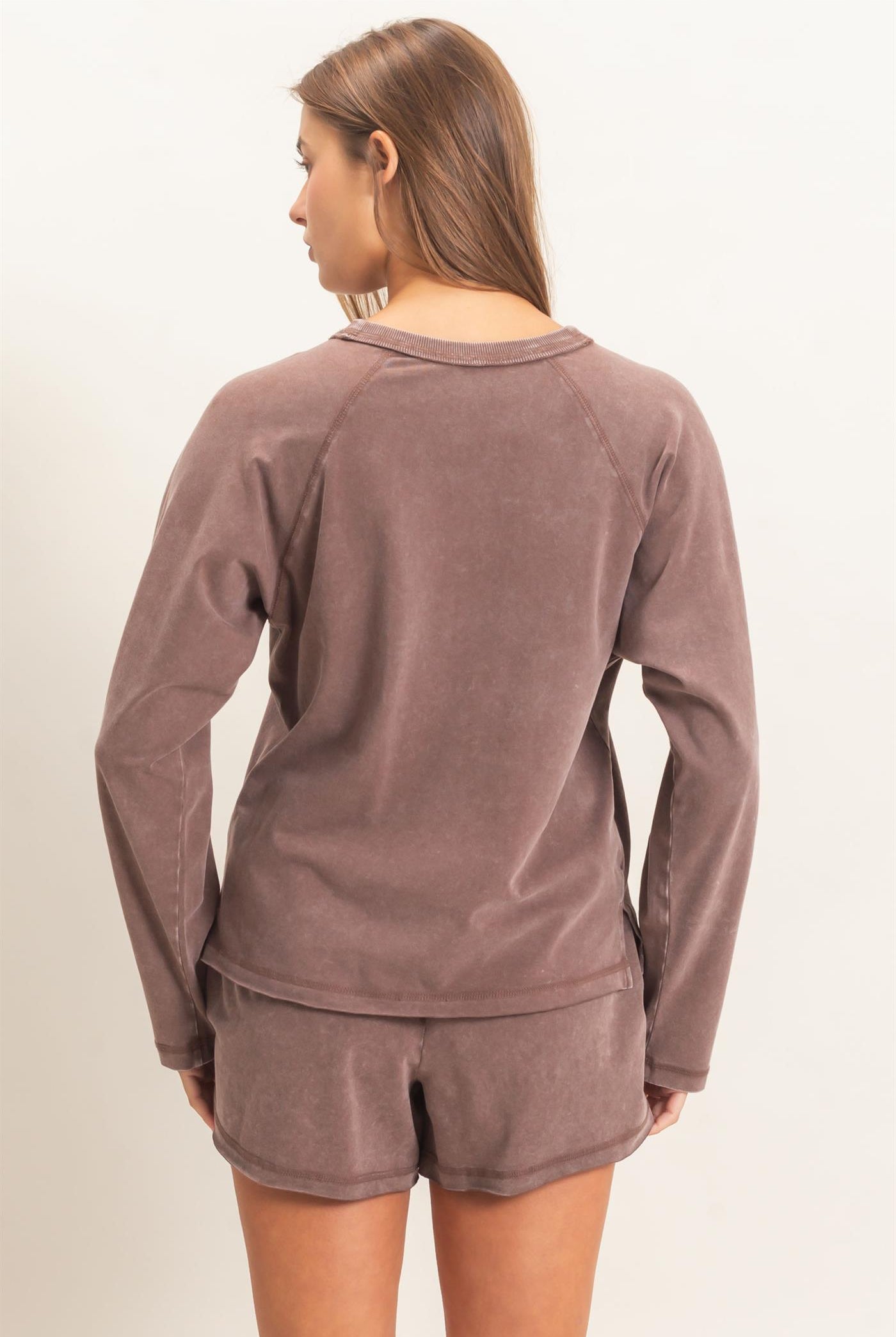 Wholesale Mineral Wash Long Sleeve Raw Edge Top & Shorts Set Clothing DZ26F403-SET DARK BROWN DOUBLE ZERO