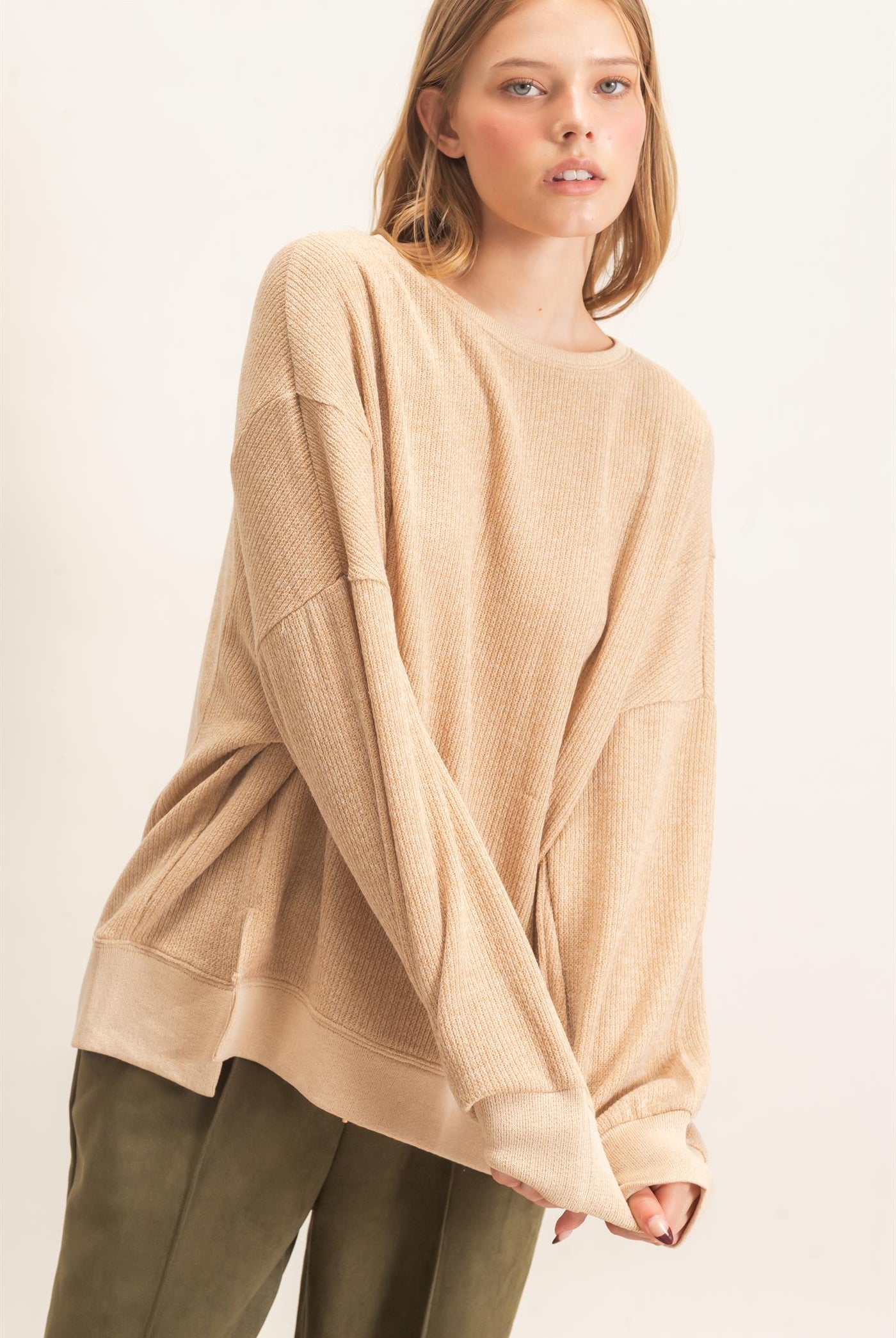 Wholesale Ribbed Boat Neck Knit Top Clothing Tops HF26E852 CAMEL HYFVE