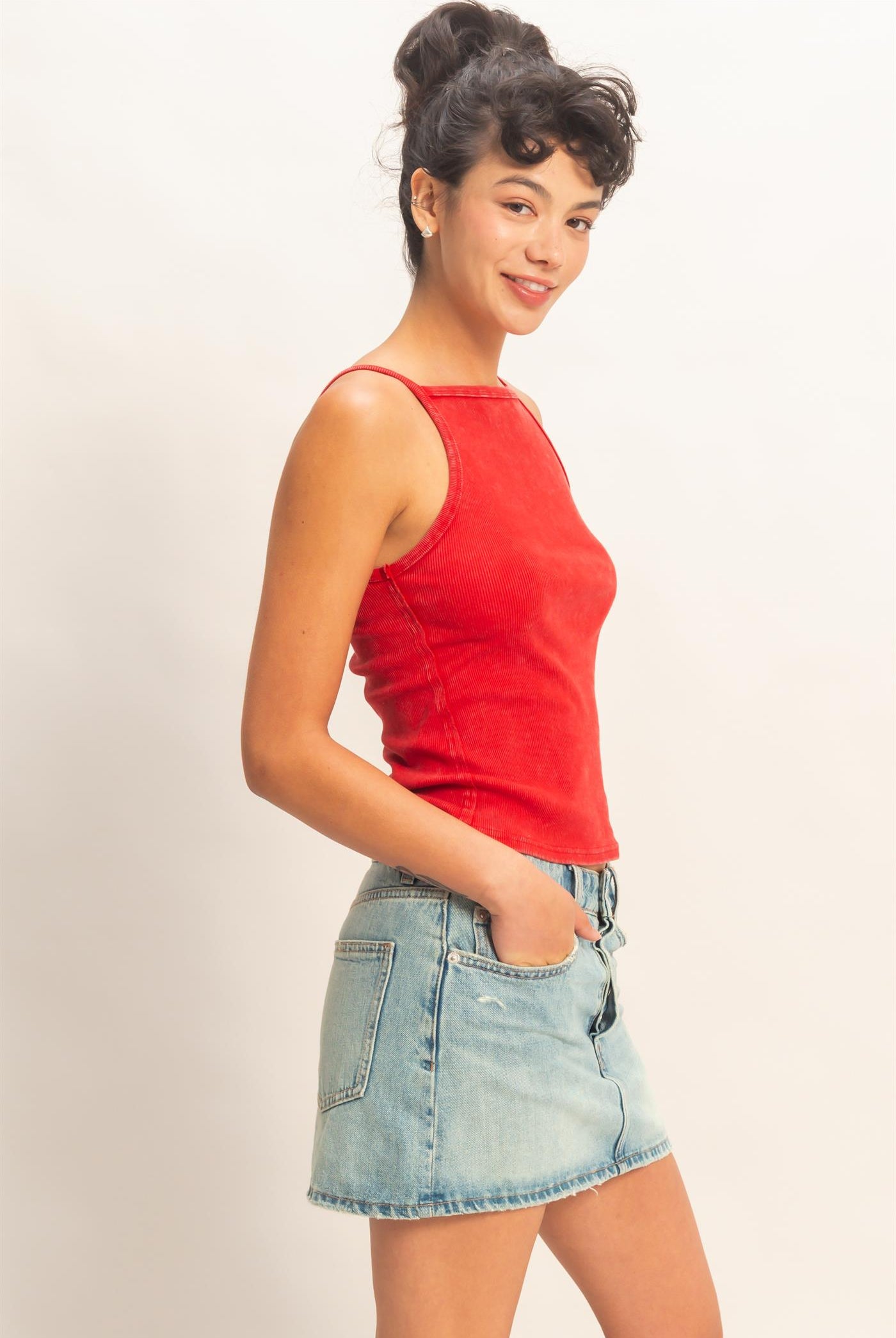 Wholesale Square Neck Acid Wash Tank Top Tank Tops DZ26C105 RED DOUBLE ZERO