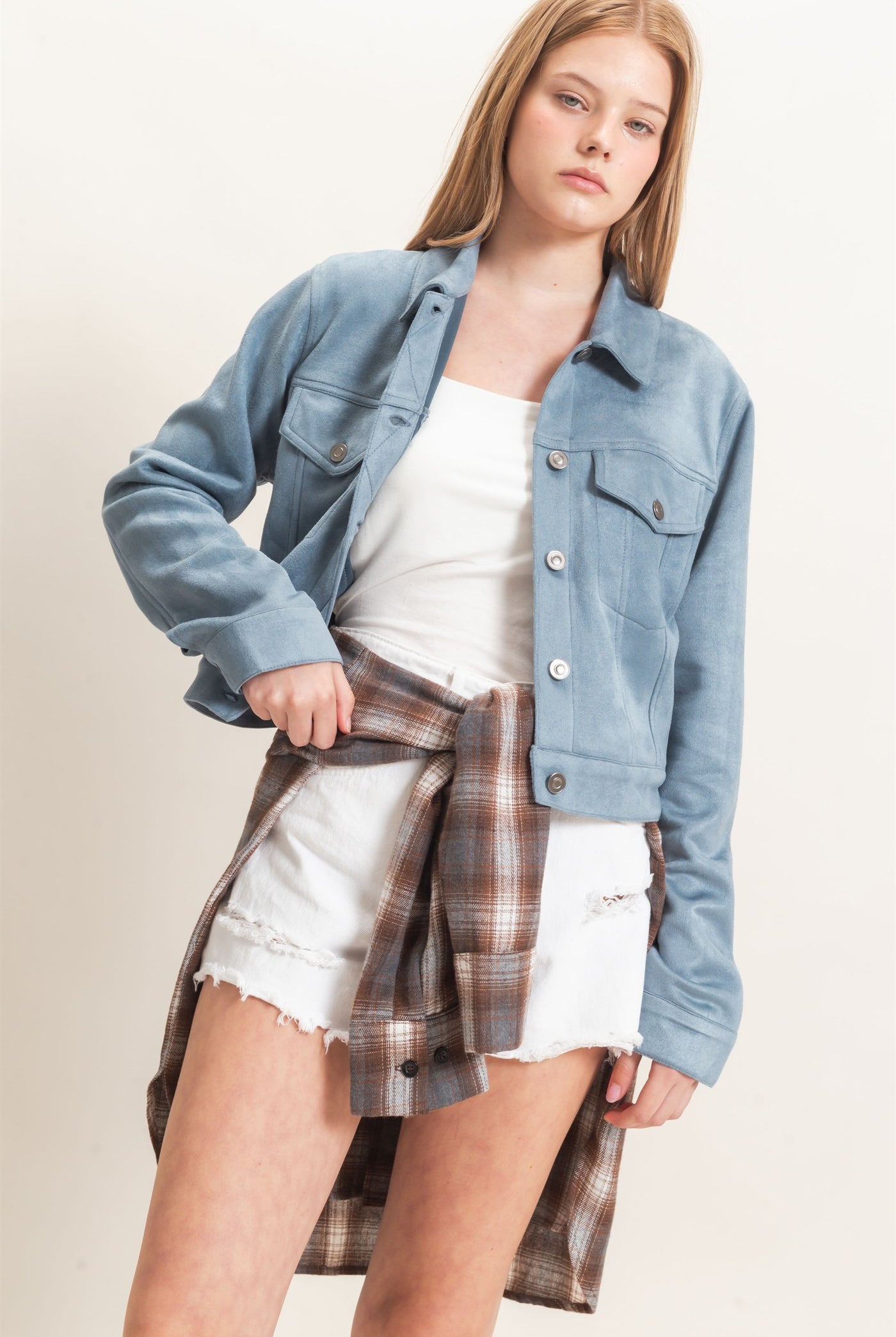 Wholesale Button-Up Suede Jacket Coats & Jackets HF26C772 STEEL BLUE HYFVE