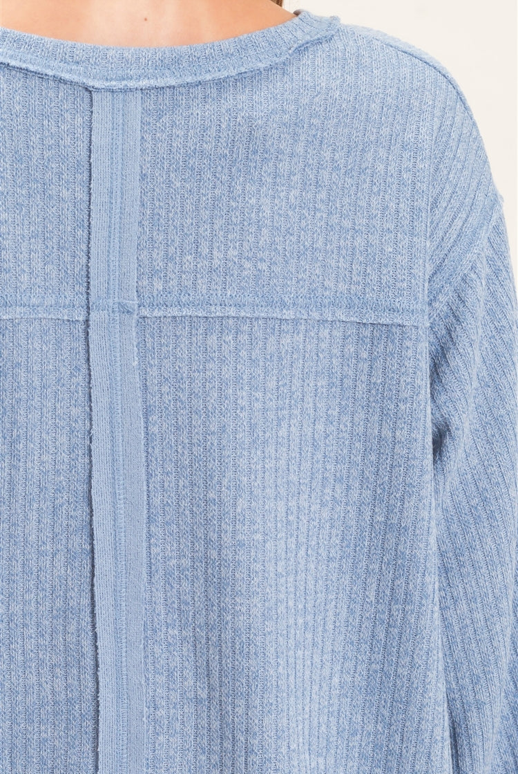Wholesale Ribbed V-Neck Knit Top Shirts HF26F351 BLUE HYFVE