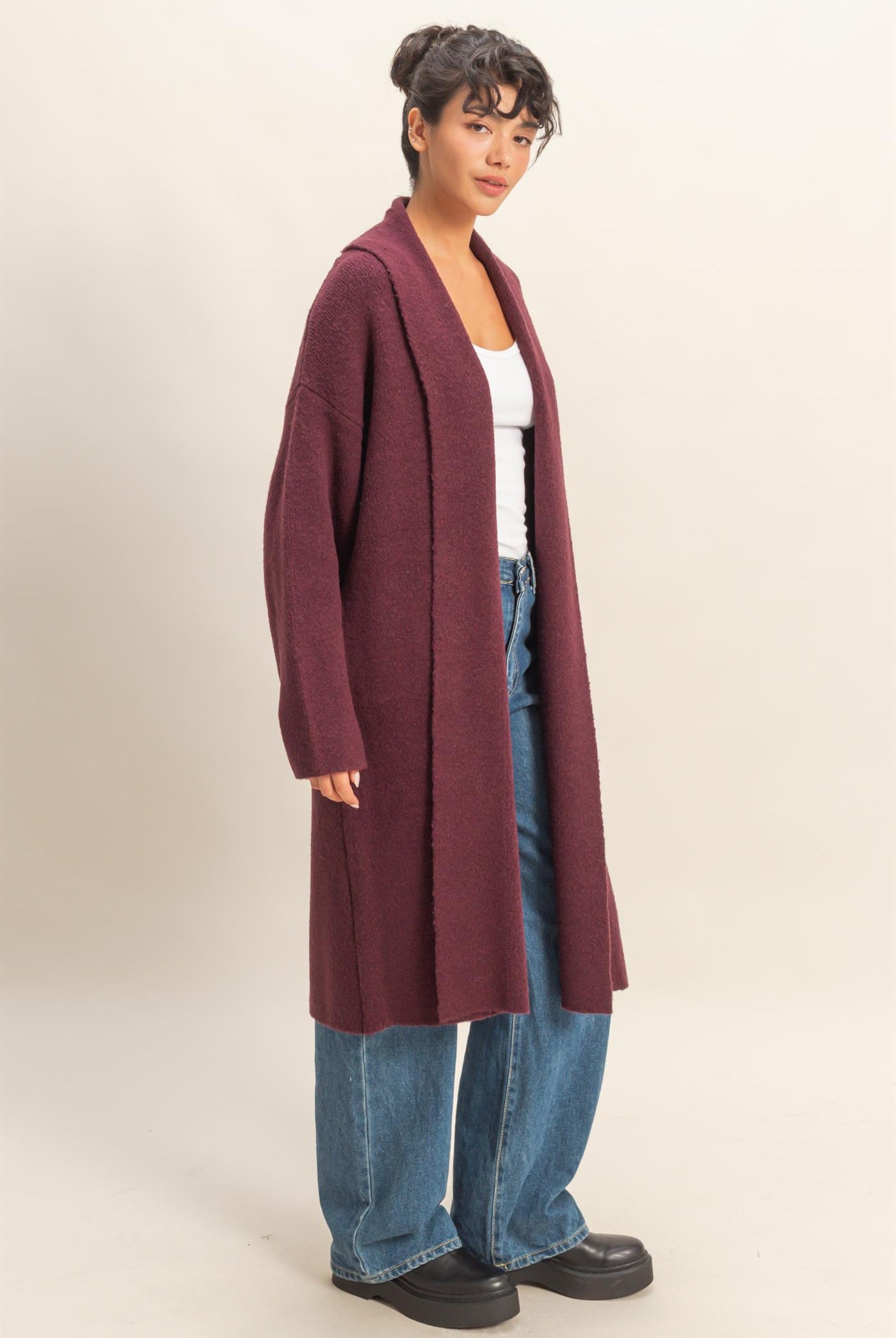 Wholesale Longline Open Front Duster Sweater Cardigans DZ25F435 DARK CHERRY DOUBLE ZERO