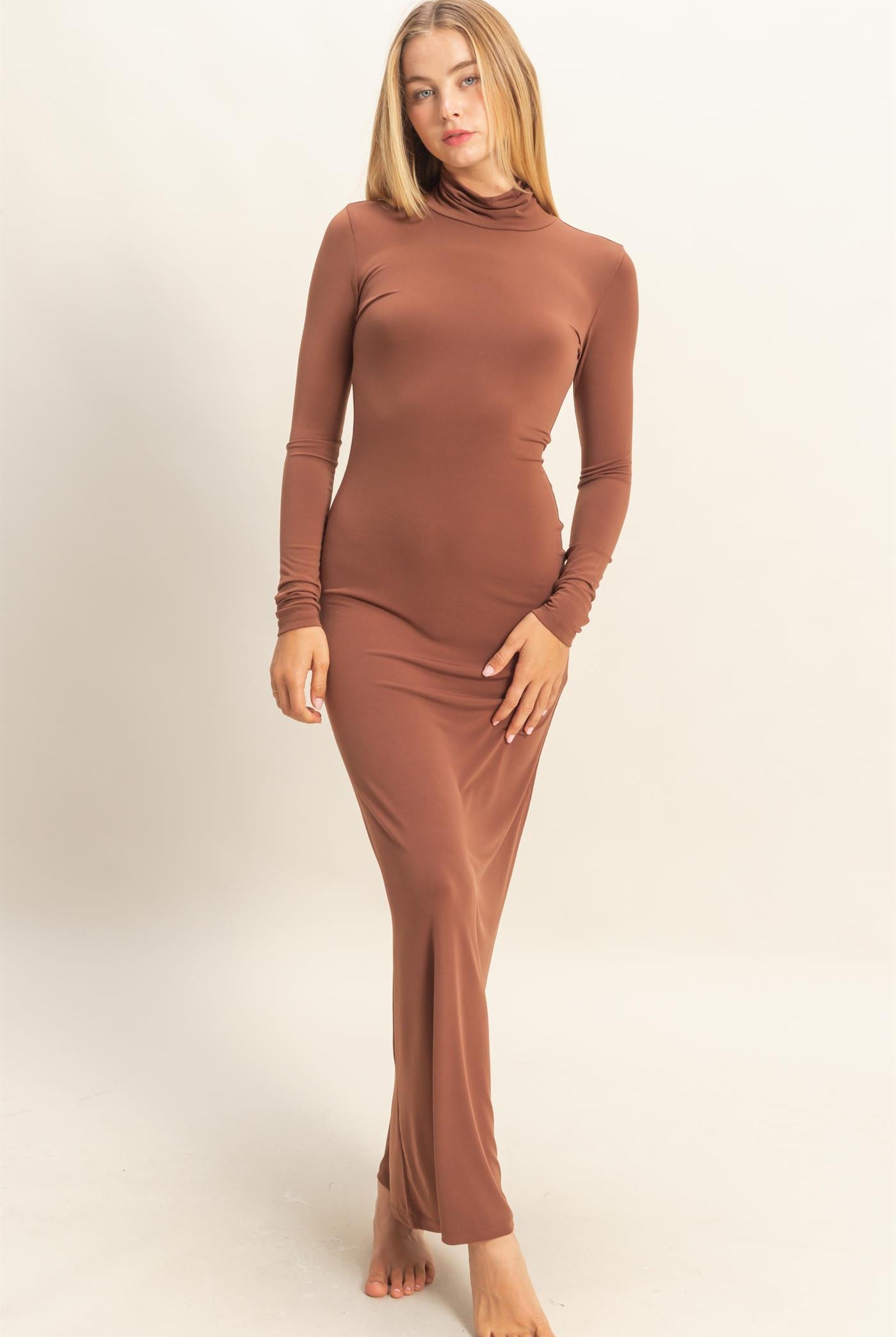 Wholesale Turtleneck Long Sleeve Maxi Dress Dresses DZ25F129 CHESTNUT DOUBLE ZERO