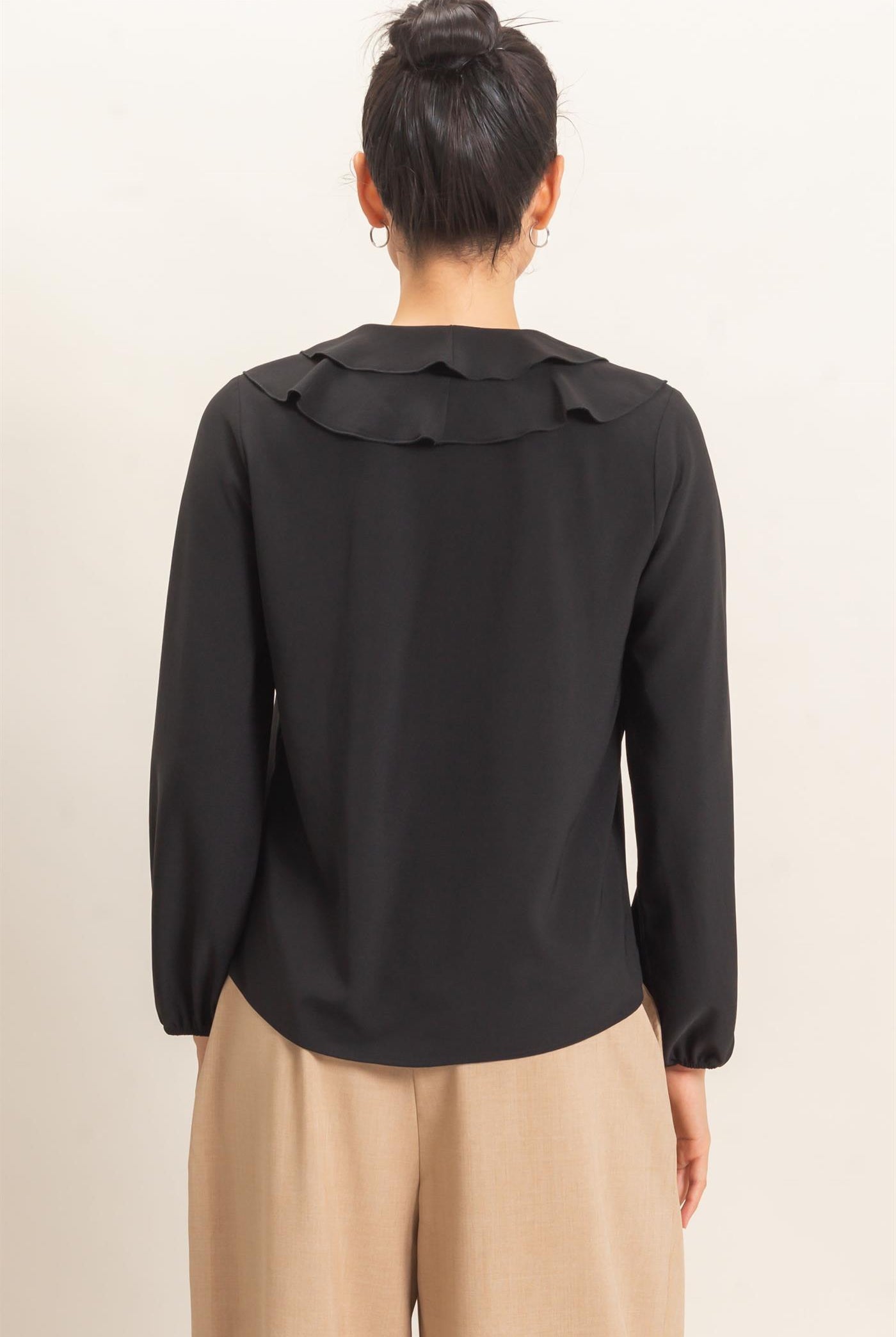 Wholesale Ruffled V-Neck Button-Up Blouse Blouses HF26C739 BLACK HYFVE