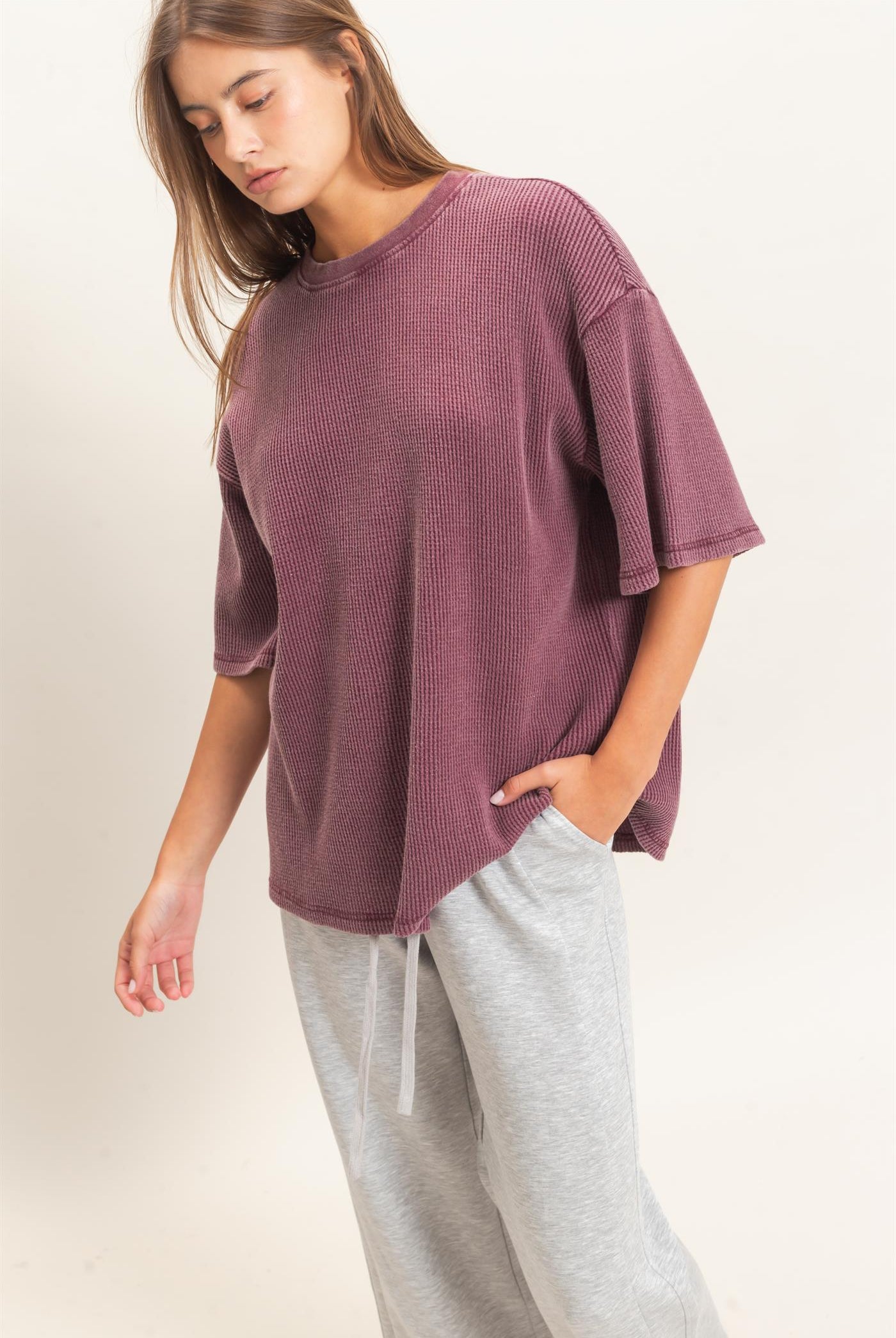 Wholesale Mineral Wash Waffle Crew Neck Short Sleeve Top Clothing Tops DZ26E328 DARK CHERRY DOUBLE ZERO