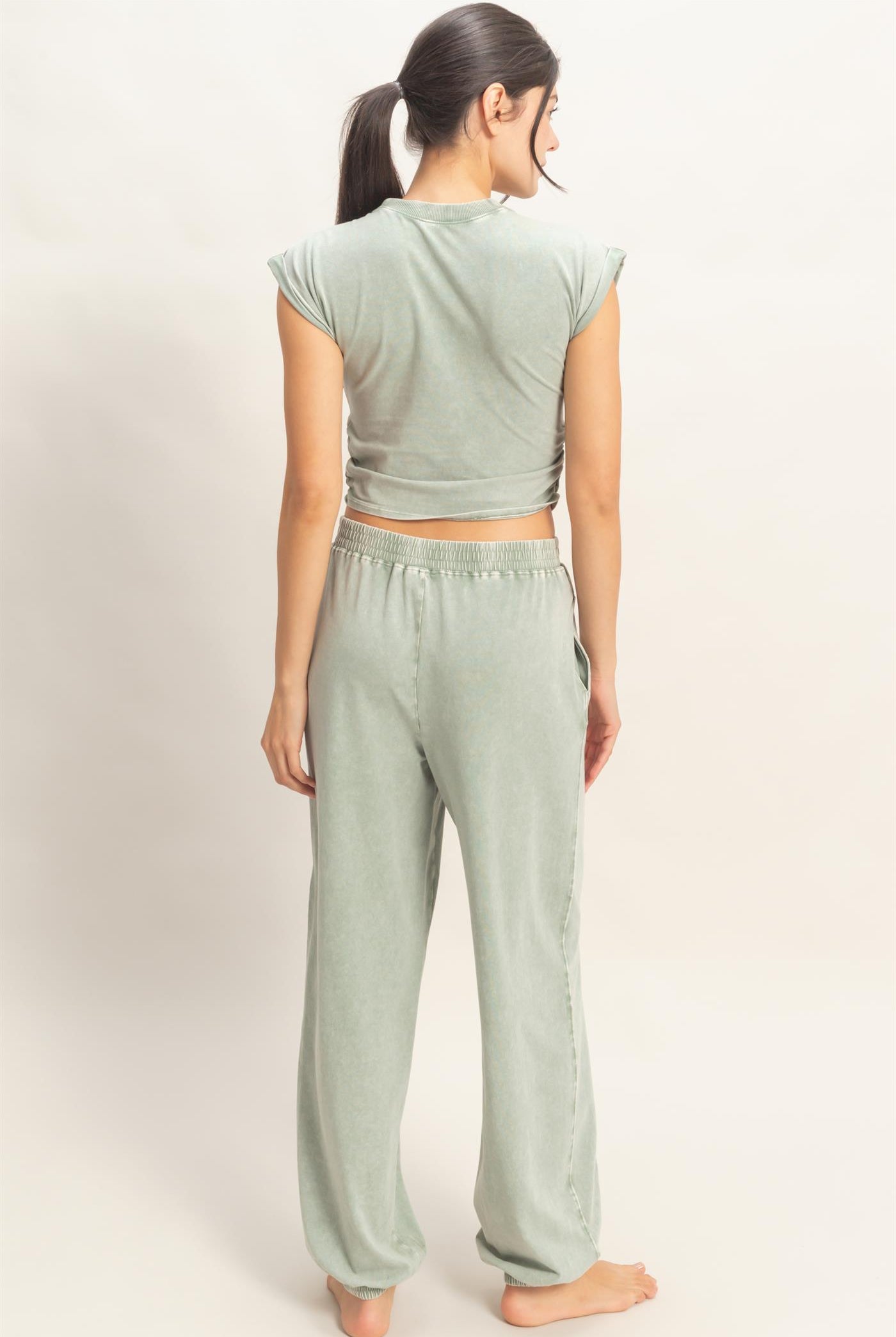 Wholesale Rolled Sleeve Wrap-Front Crop Top And Jogger Set Clothing DZ26A172-SET SAGE GREEN DOUBLE ZERO