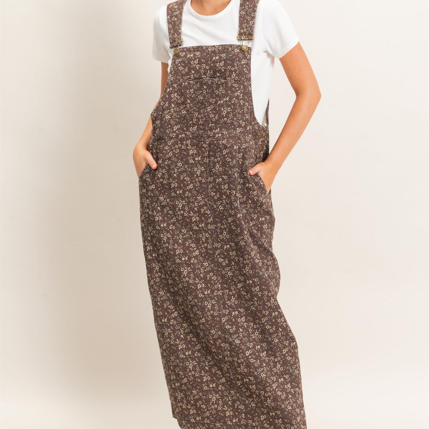Wholesale Floral Garment Wash Overall Dress Dresses HF26C838 CHESTNUT HYFVE