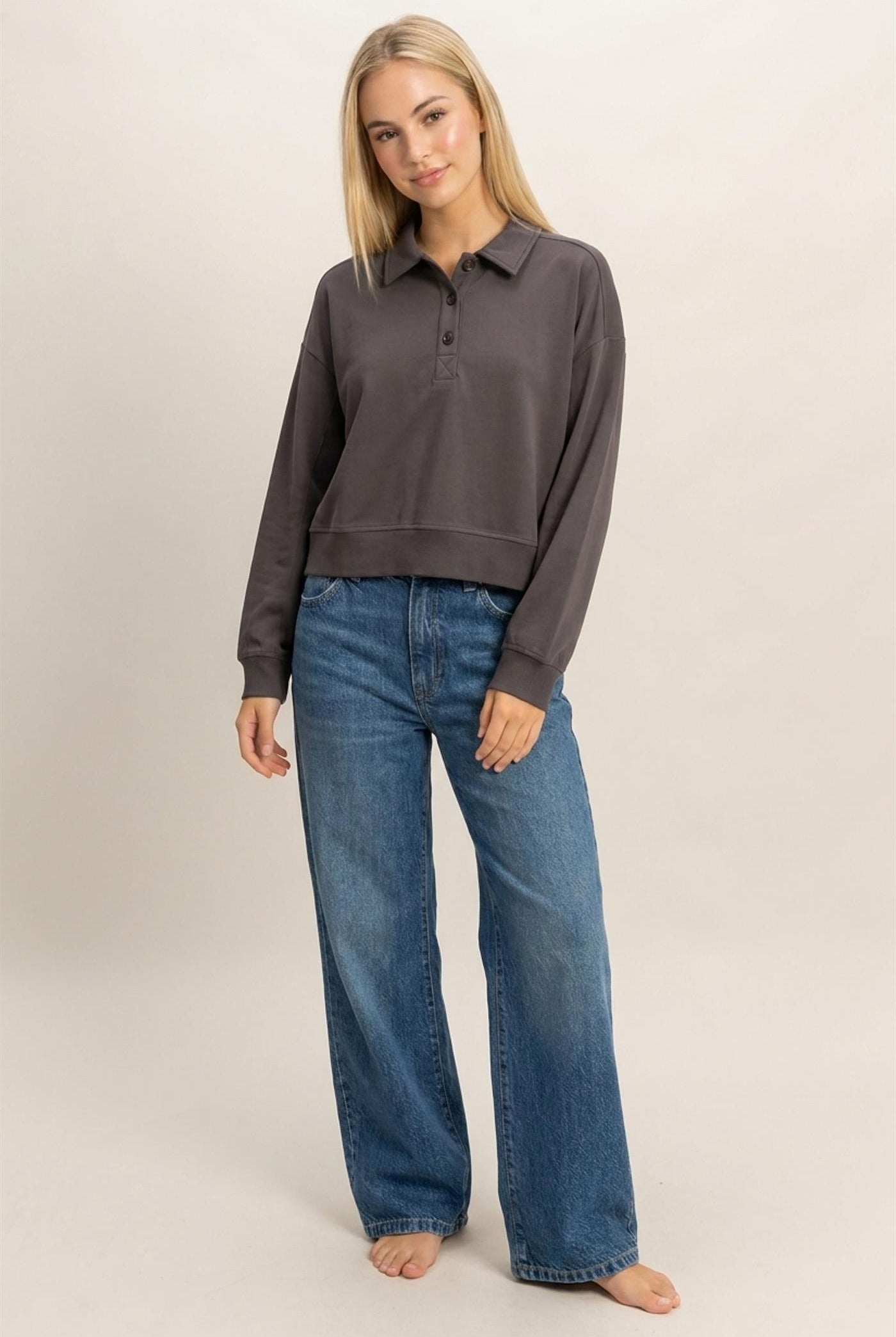 Wholesale Washed Button-Front Collared Sweatshirt Sweatshirts DZ26E390 CHARCOAL DOUBLE ZERO