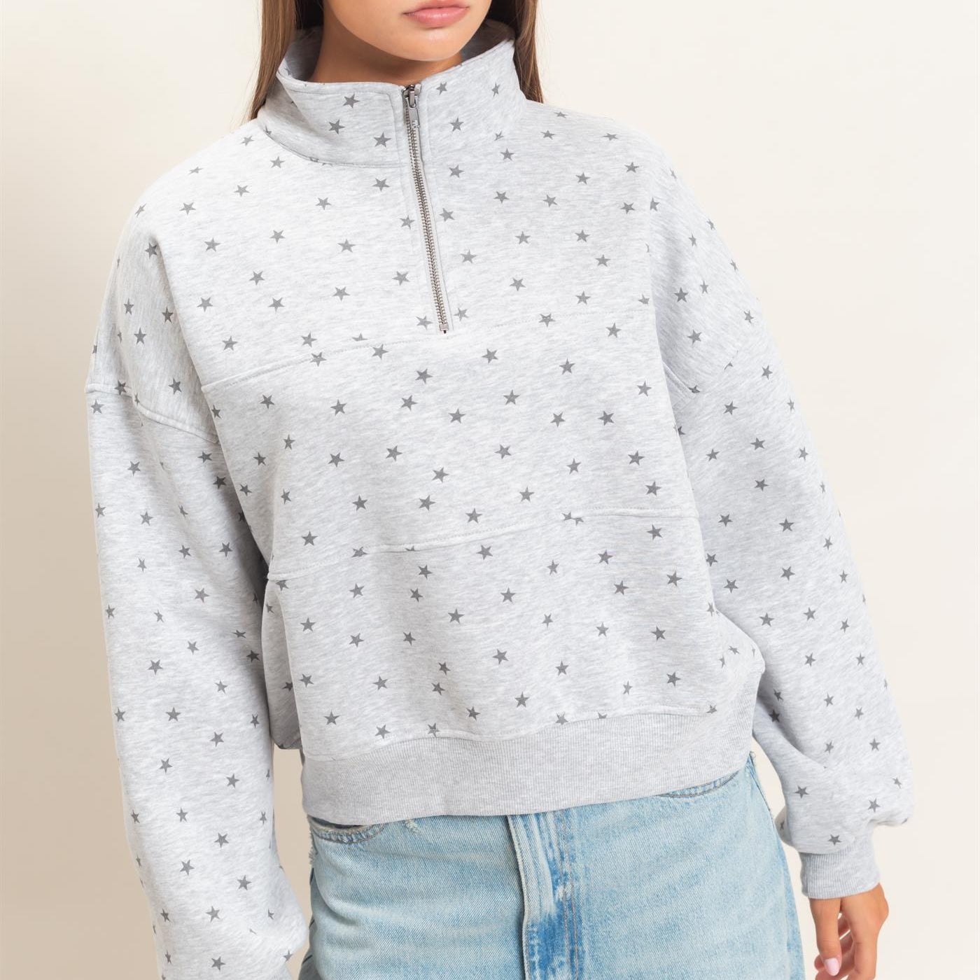 Wholesale Star Print Half Zip Sweatshirt Sweatshirts DZ26E245 HEATHER GRAY DOUBLE ZERO