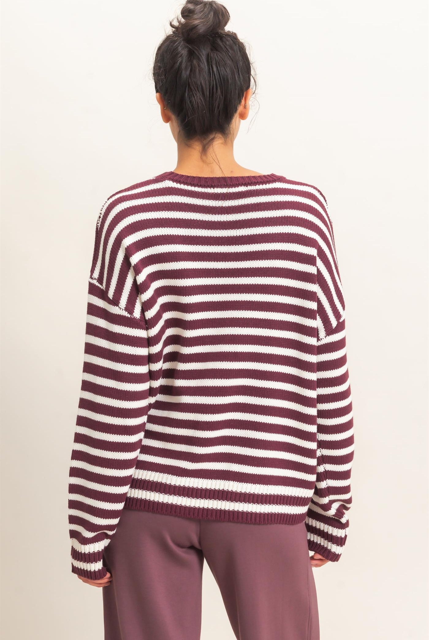 Wholesale Striped Crew Neck Sweater Sweaters DZ26E237 DARK CHERRY DOUBLE ZERO