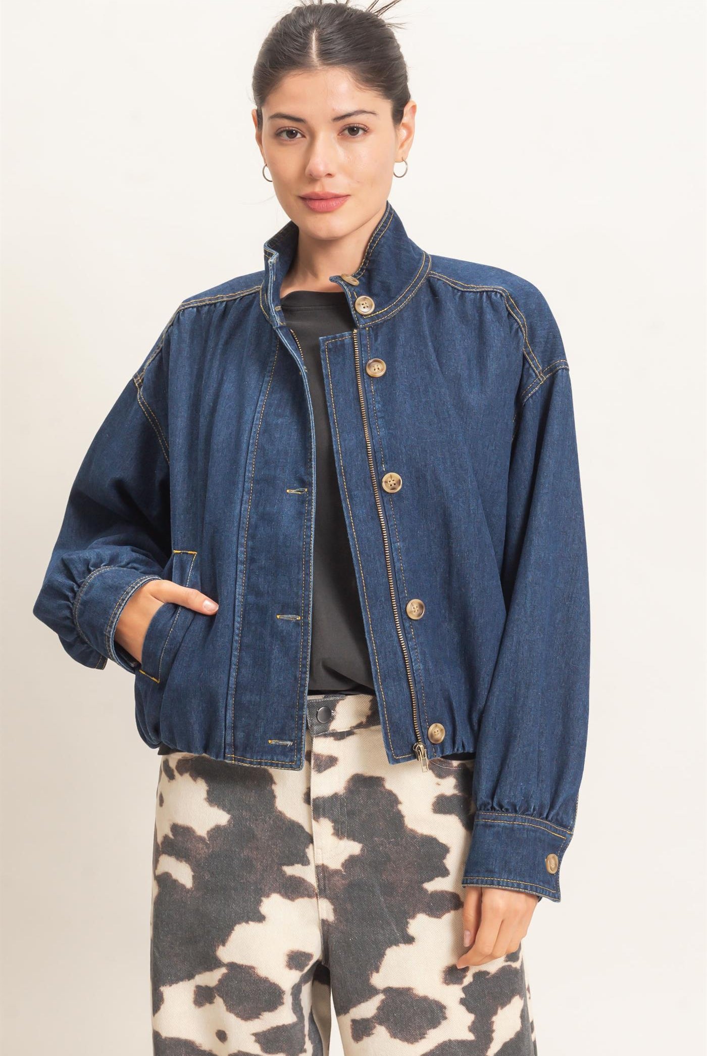 Wholesale High Collar Denim Bomber Jacket Coats & Jackets HF26E090-D DARK DENIM HYFVE