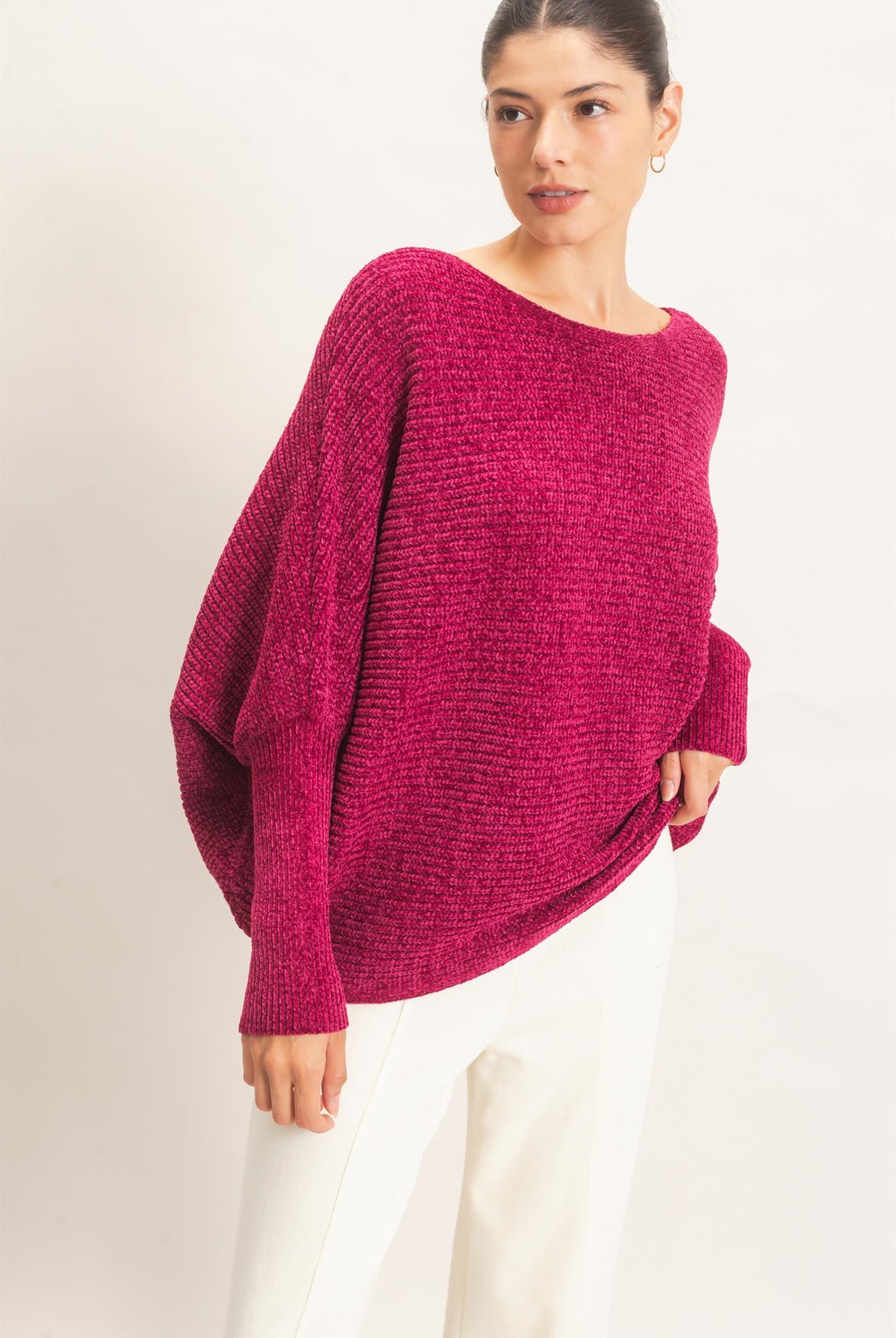 Wholesale Chenille Boat Neck Dolman Sleeve Sweater Sweaters HF26F185 BURGUNDY HYFVE