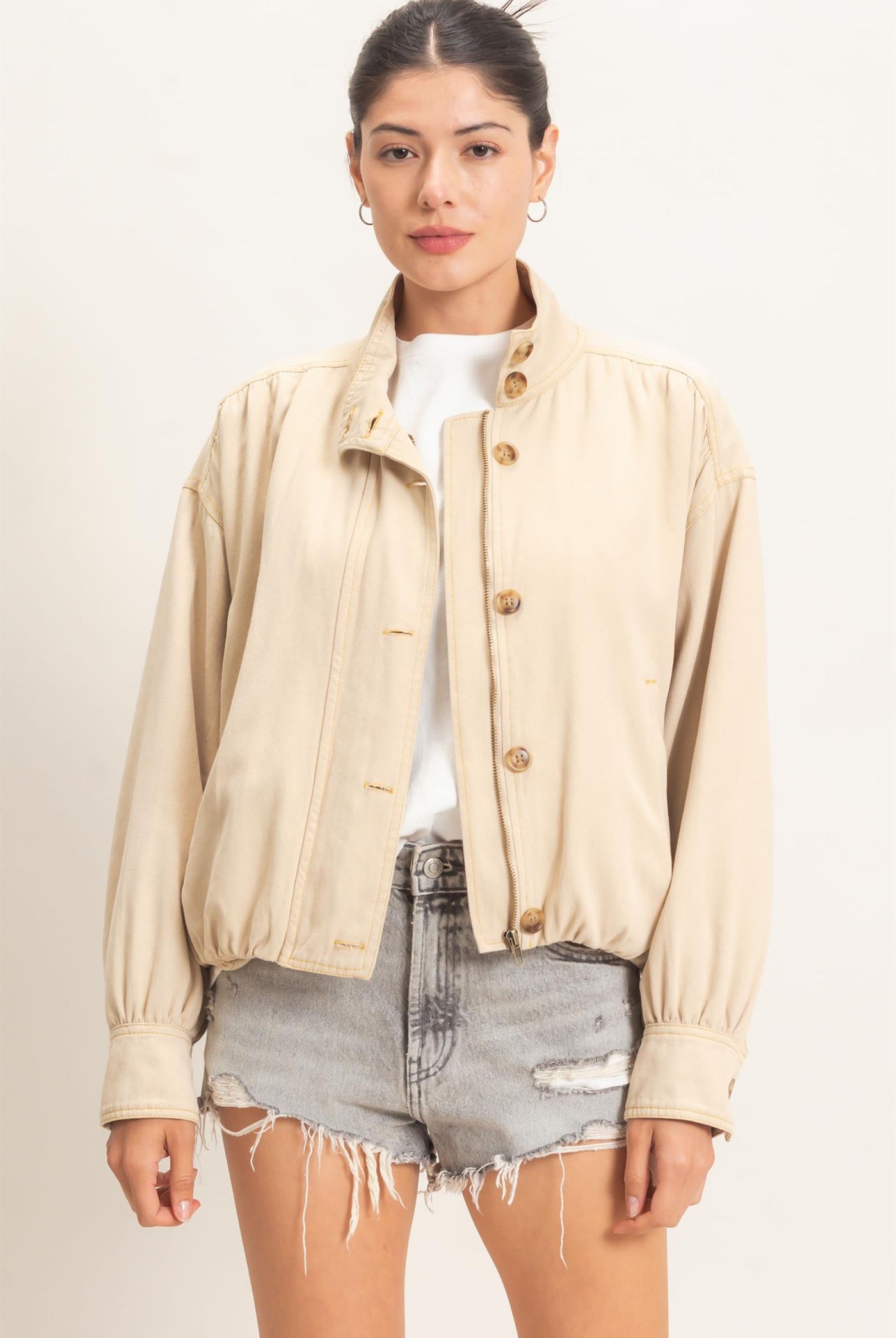 Wholesale High Collar Denim Bomber Jacket Coats & Jackets HF26E090-D BEIGE HYFVE