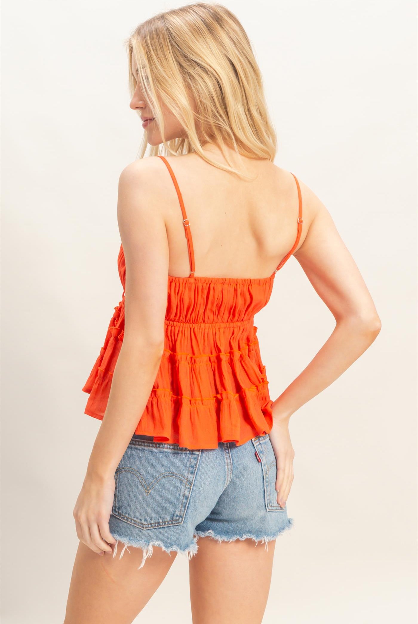 Wholesale Ruffled Tie-Front Cami Camisoles HF26C309-D ORANGE RED HYFVE