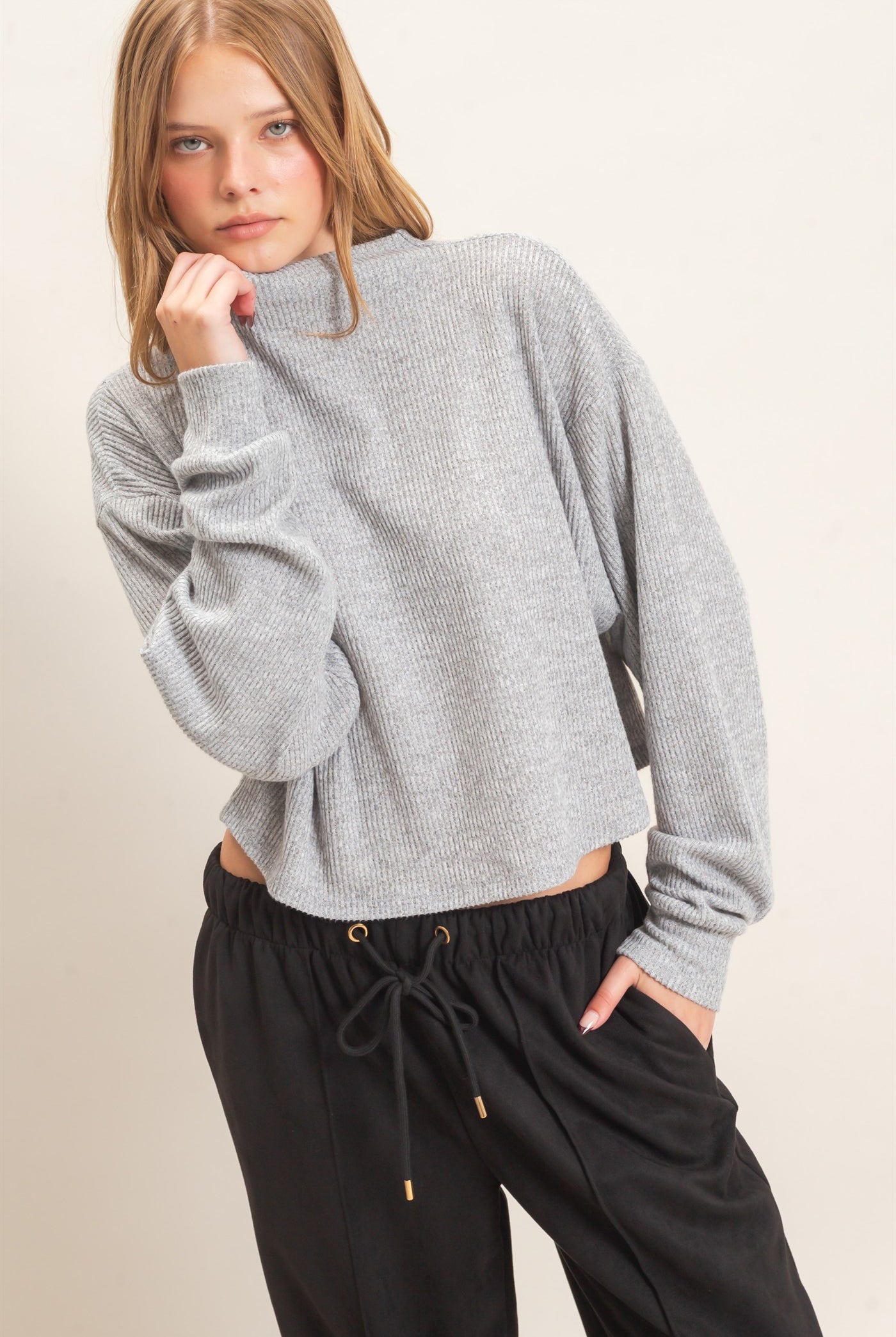 Wholesale Ribbed Mock Neck Top Clothing Tops HF26F030 GRAY HYFVE
