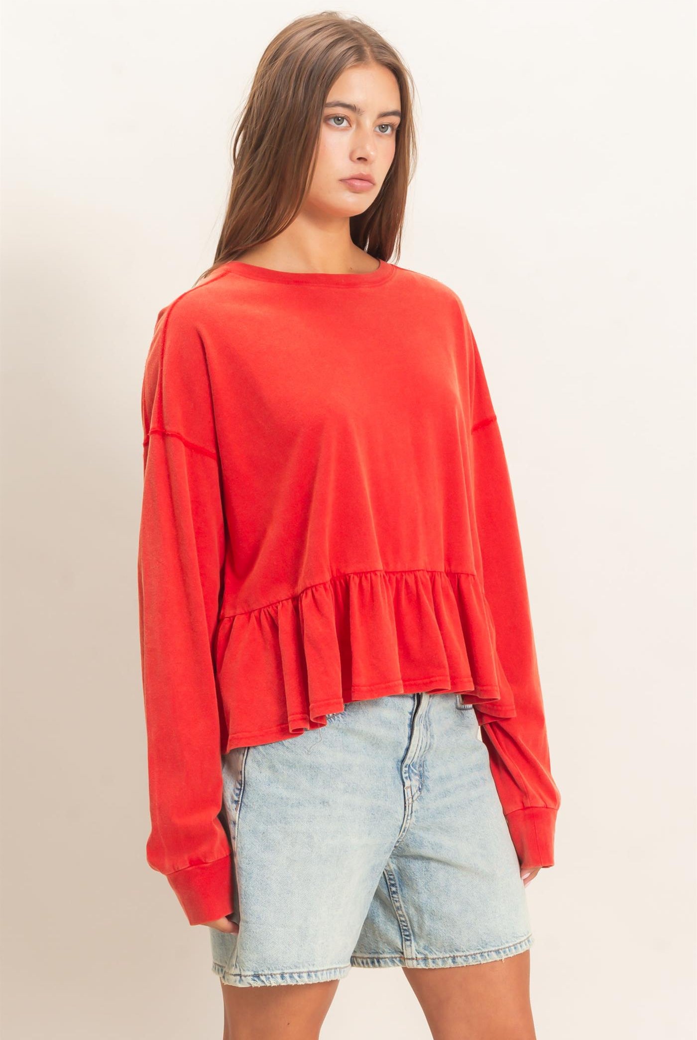 Wholesale Peplum Long Sleeve Top Clothing Tops DZ26F397 RED DOUBLE ZERO