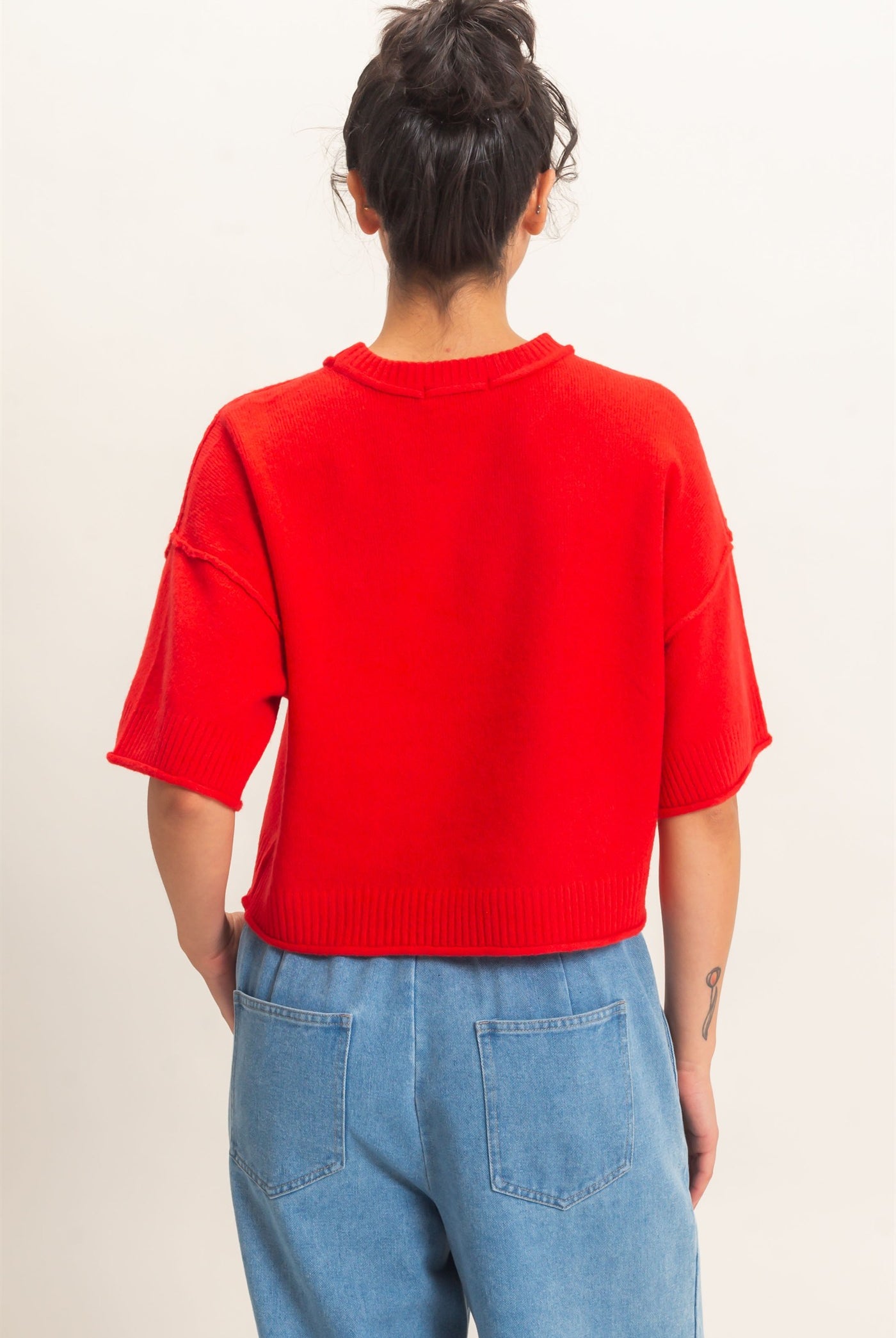 Wholesale Seam Detail Short Sleeve Knit Top Clothing Tops DZ26A827 RED DOUBLE ZERO