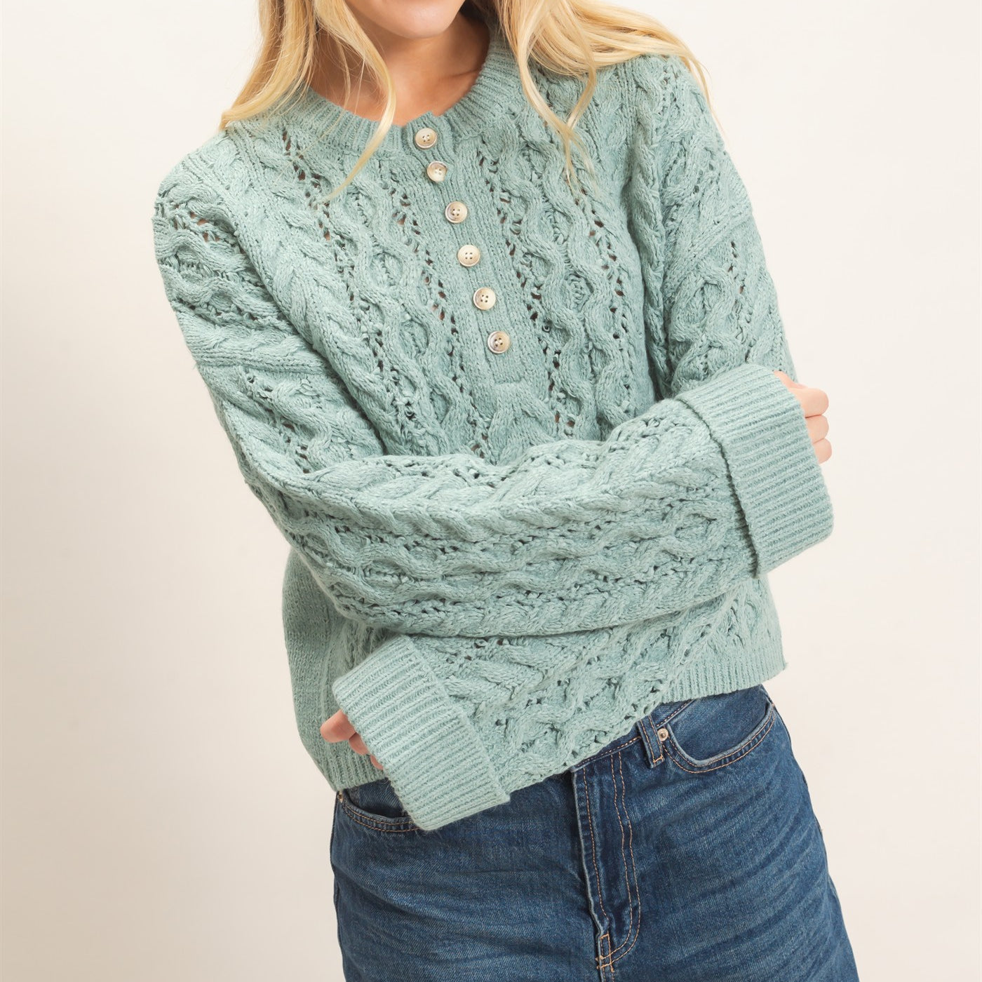 Wholesale Cable Knit Henley Sweaters HF26E552 CALMING GREEN HYFVE