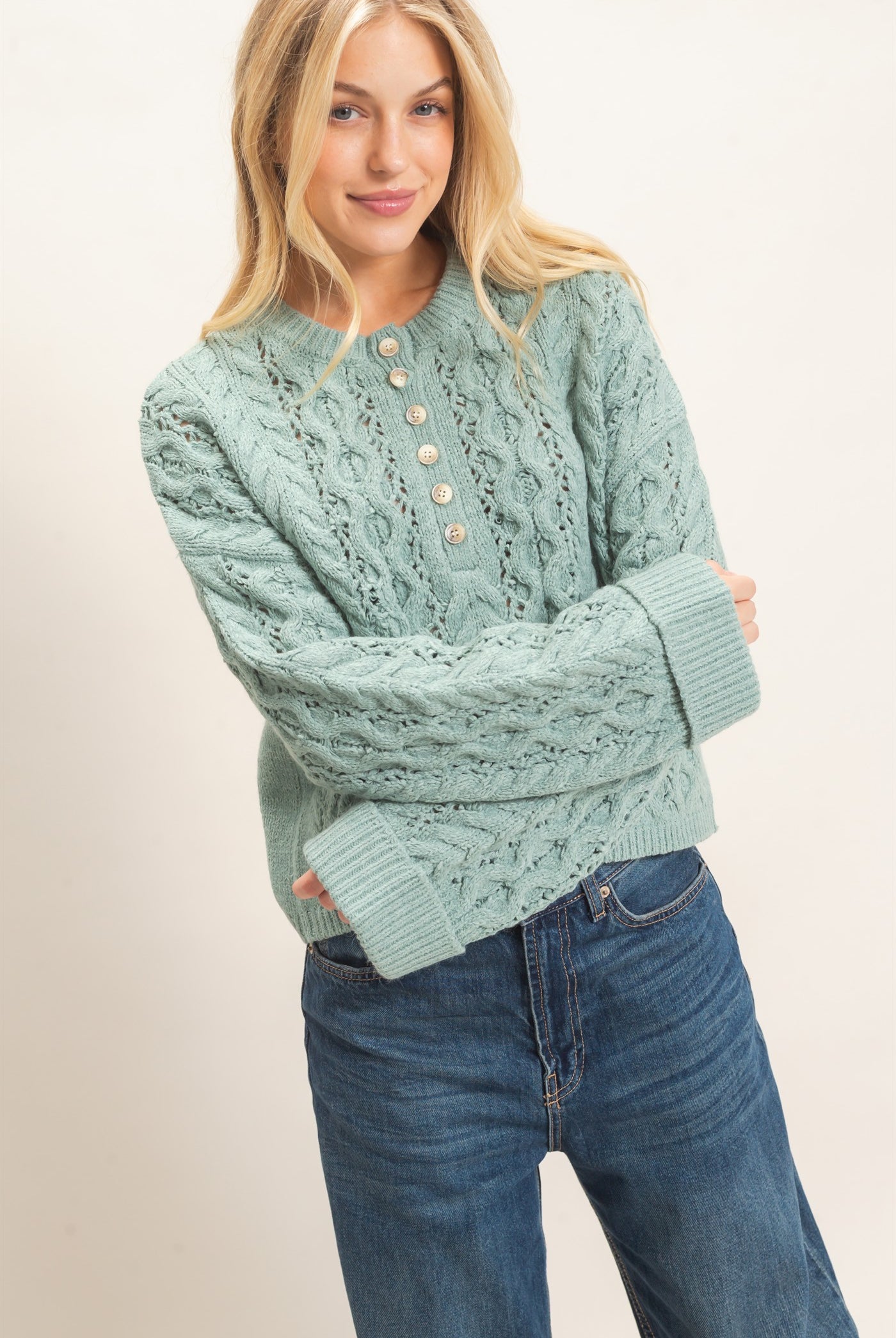 Wholesale Cable Knit Henley Sweaters HF26E552 CALMING GREEN HYFVE