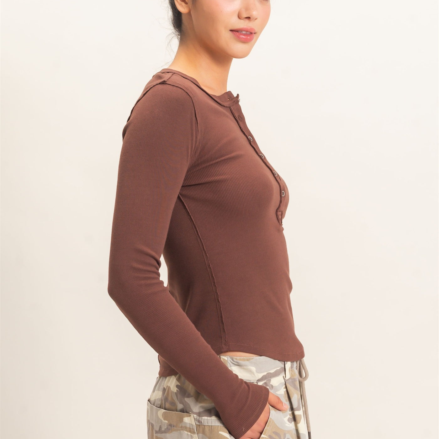 Wholesale Pigment Dye Henley Long Sleeve Top Clothing Tops DZ26C882 DARK BROWN DOUBLE ZERO