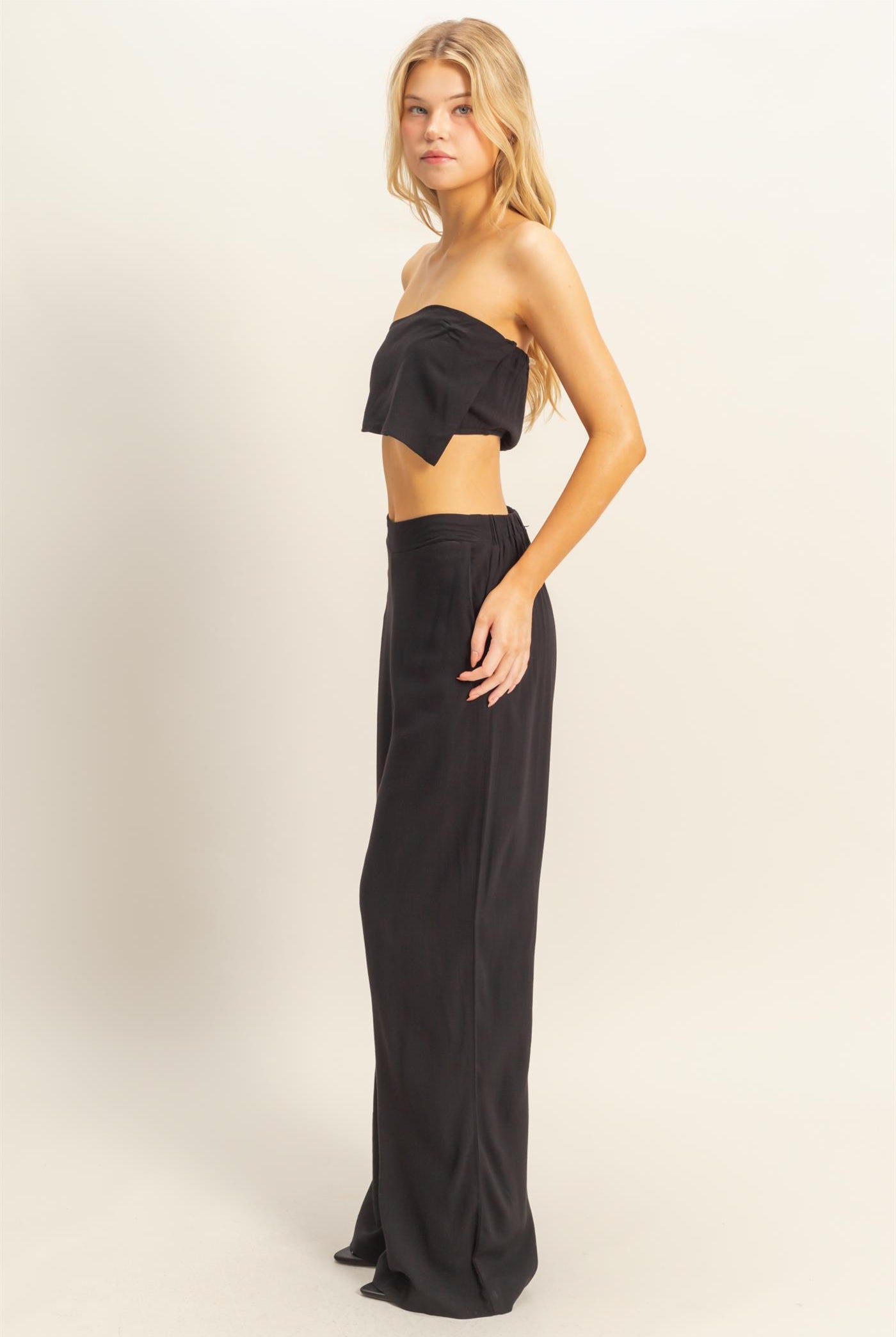 Wholesale Stretch Linen Top And Pants Set Clothing HF25E016-SET BLACK HYFVE