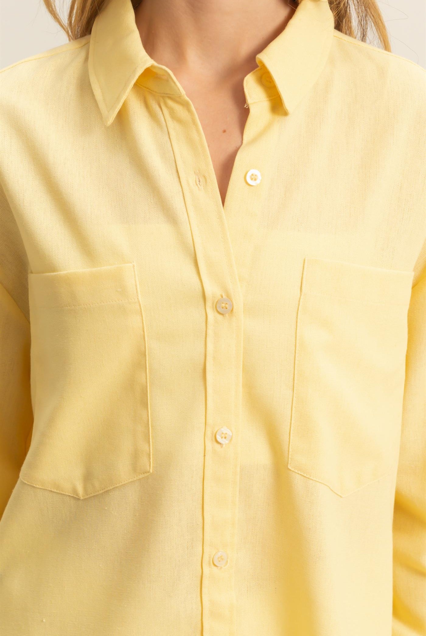 Wholesale Sand Washed Relaxed Long Sleeve Shirt Clothing Tops DZ24C609 CREAMY YELLOW DOUBLE ZERO
