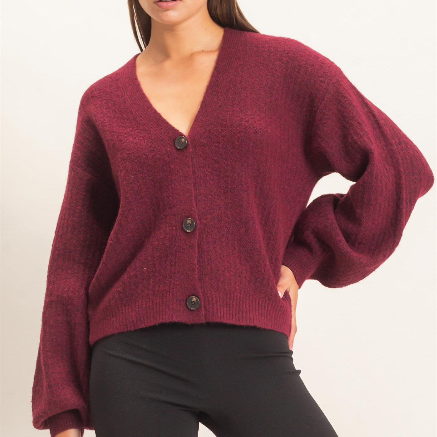 Wholesale Textured V-Neck Cardigan Cardigans DZ26E080 DARK CHERRY DOUBLE ZERO