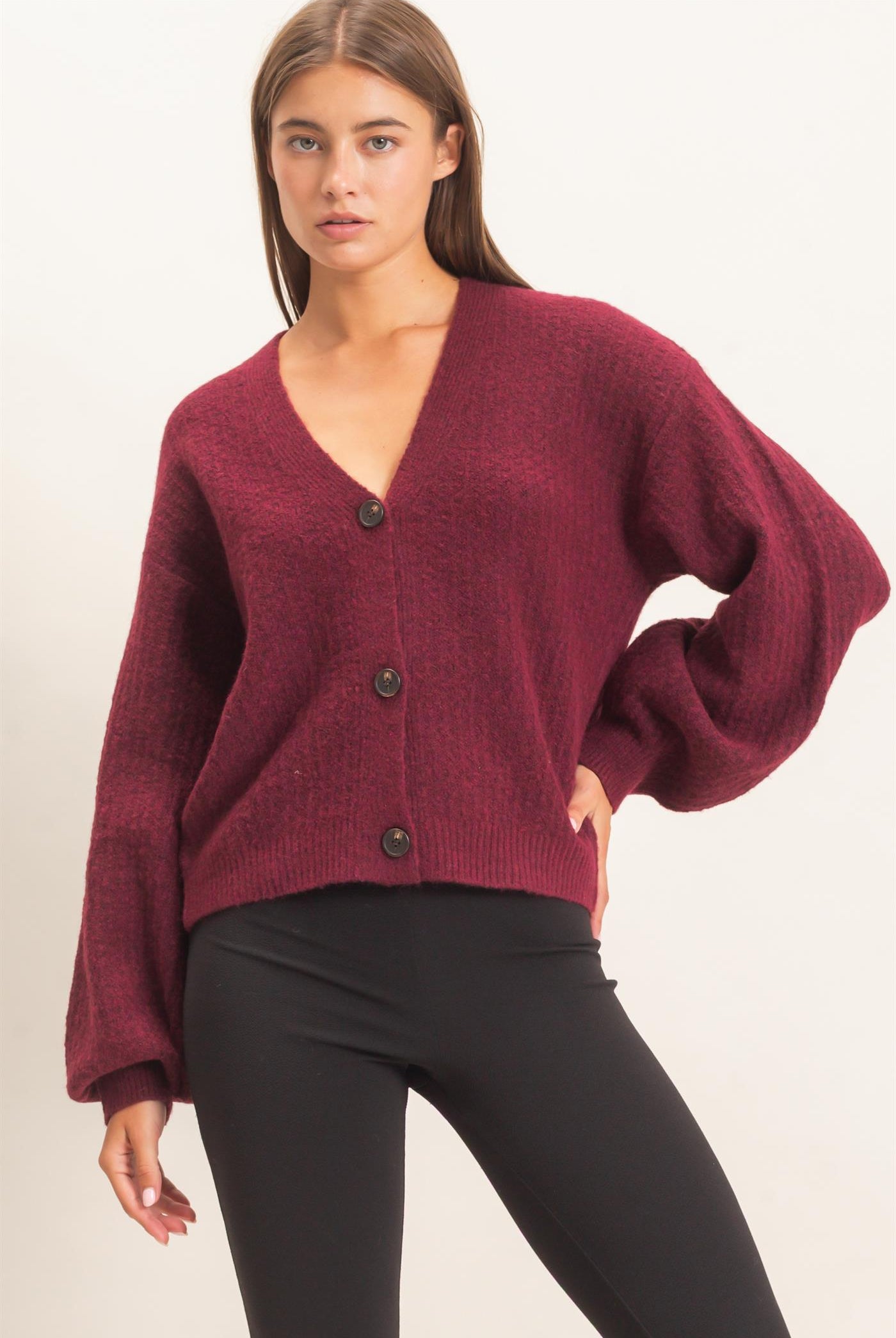 Wholesale Textured V-Neck Cardigan Cardigans DZ26E080 DARK CHERRY DOUBLE ZERO