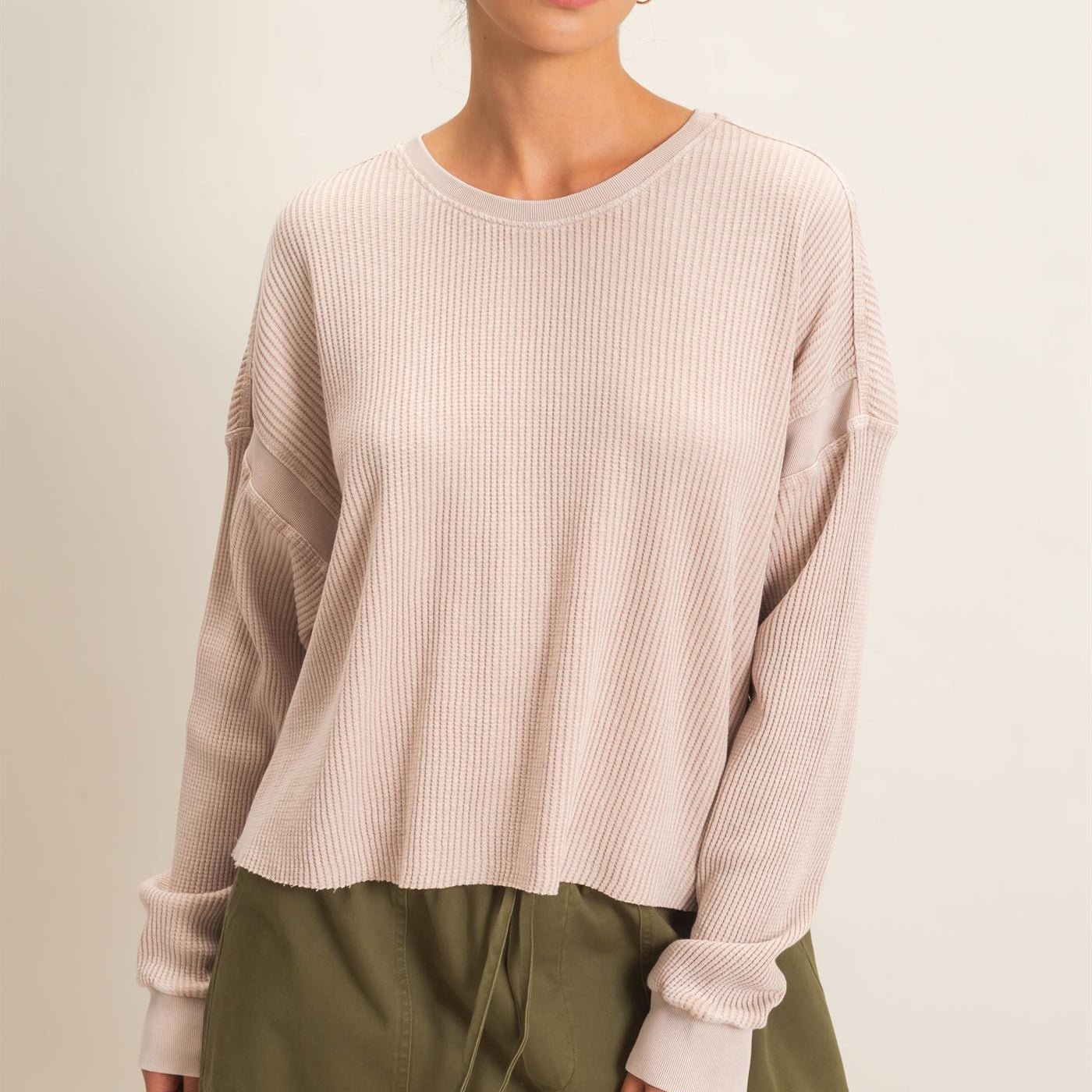 Wholesale Mineral Wash Waffle Open Back Top Clothing Tops DZ26C964 DARK TAUPE DOUBLE ZERO