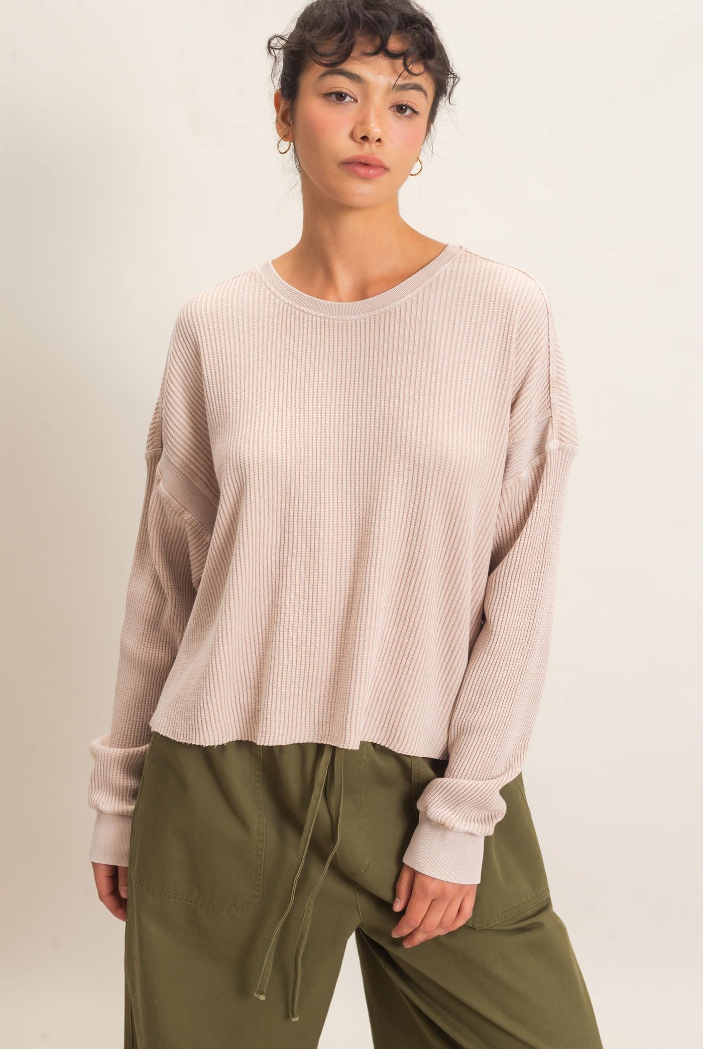 Wholesale Mineral Wash Waffle Open Back Top Clothing Tops DZ26C964 DARK TAUPE DOUBLE ZERO