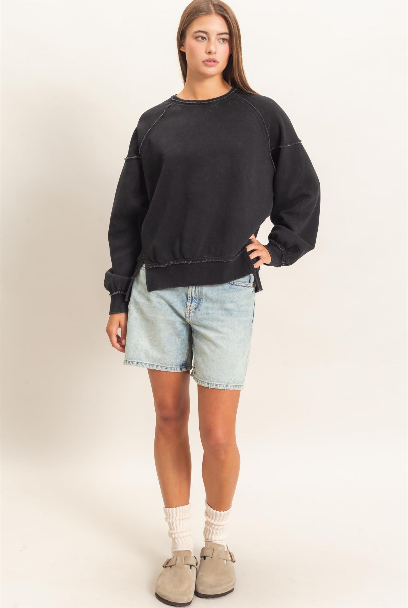 Wholesale Acid Wash Raw Edge Sweatshirt Sweatshirts DZ26C910 BLACK DOUBLE ZERO