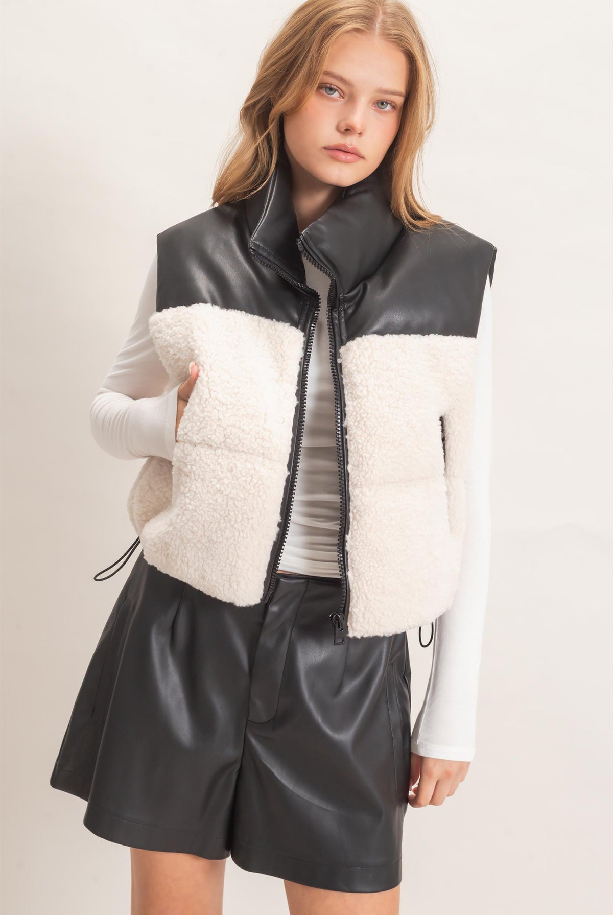 Wholesale Faux Fur & Pu Padded Vest Outerwear HF26F204 CREAM HYFVE
