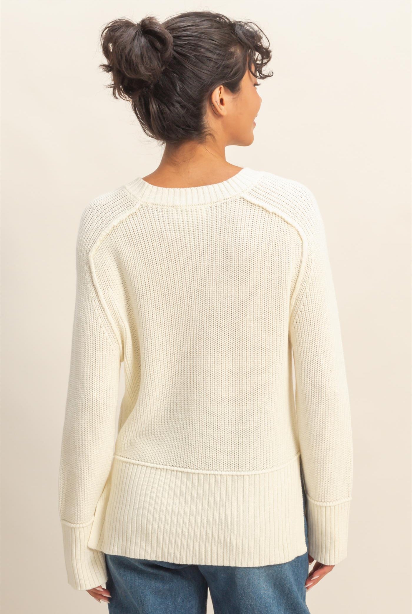 Wholesale Ragaln Long Sleeve Side Slit Sweater Sweaters DZ25E812 CREAM DOUBLE ZERO