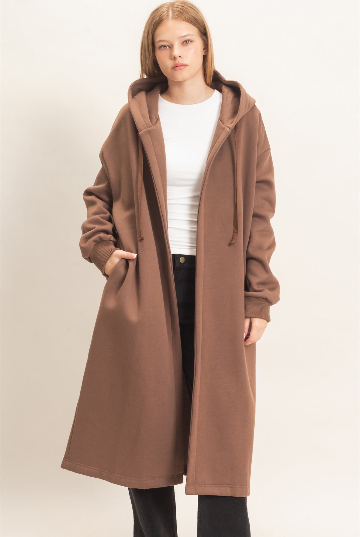 Wholesale Oversized Hooded Open Front Coat Coats & Jackets HF26F142-D BROWN HYFVE