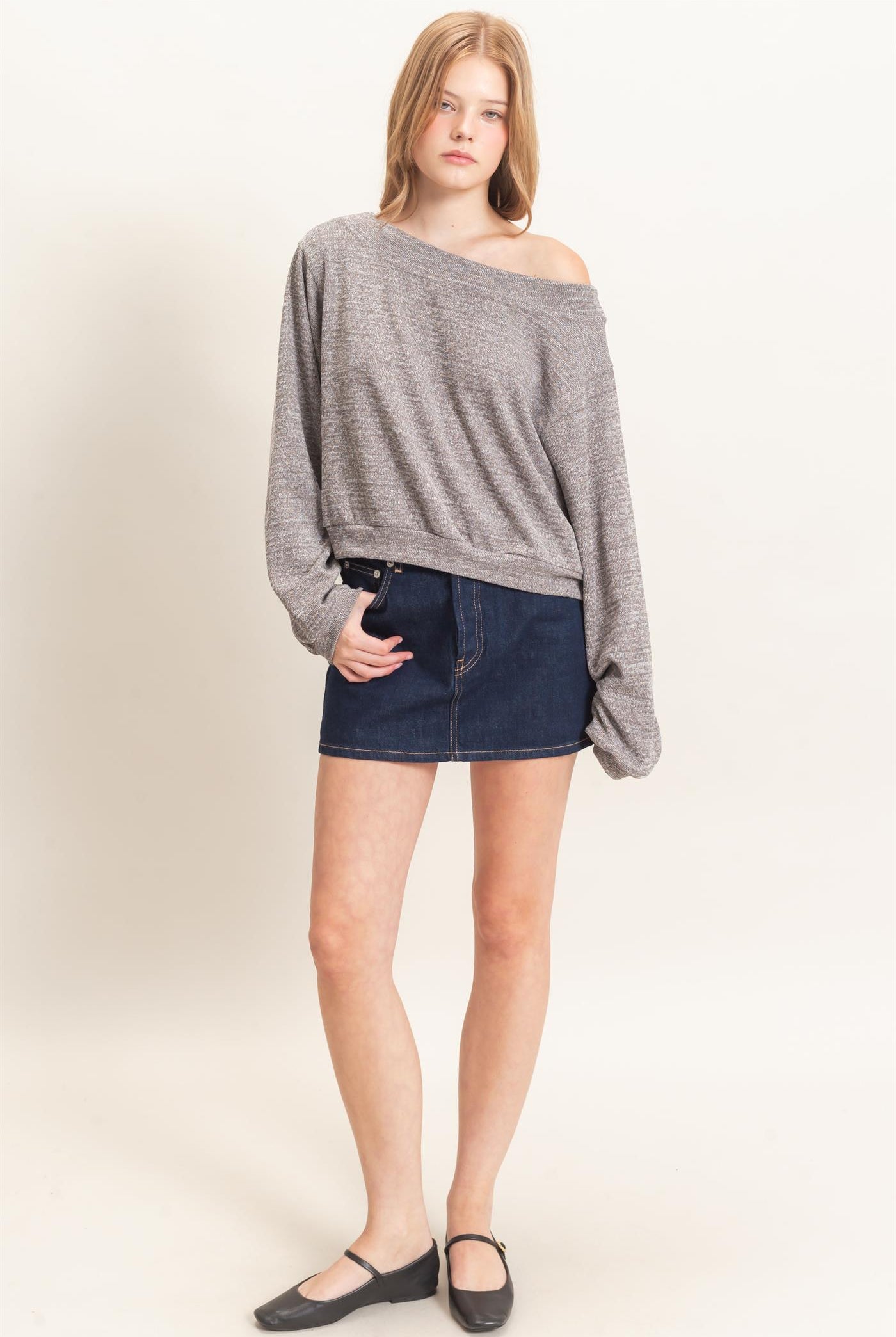 Wholesale Off Shoulder Knit Sweatshirt Blouses HF26F028 CHARCOAL HYFVE