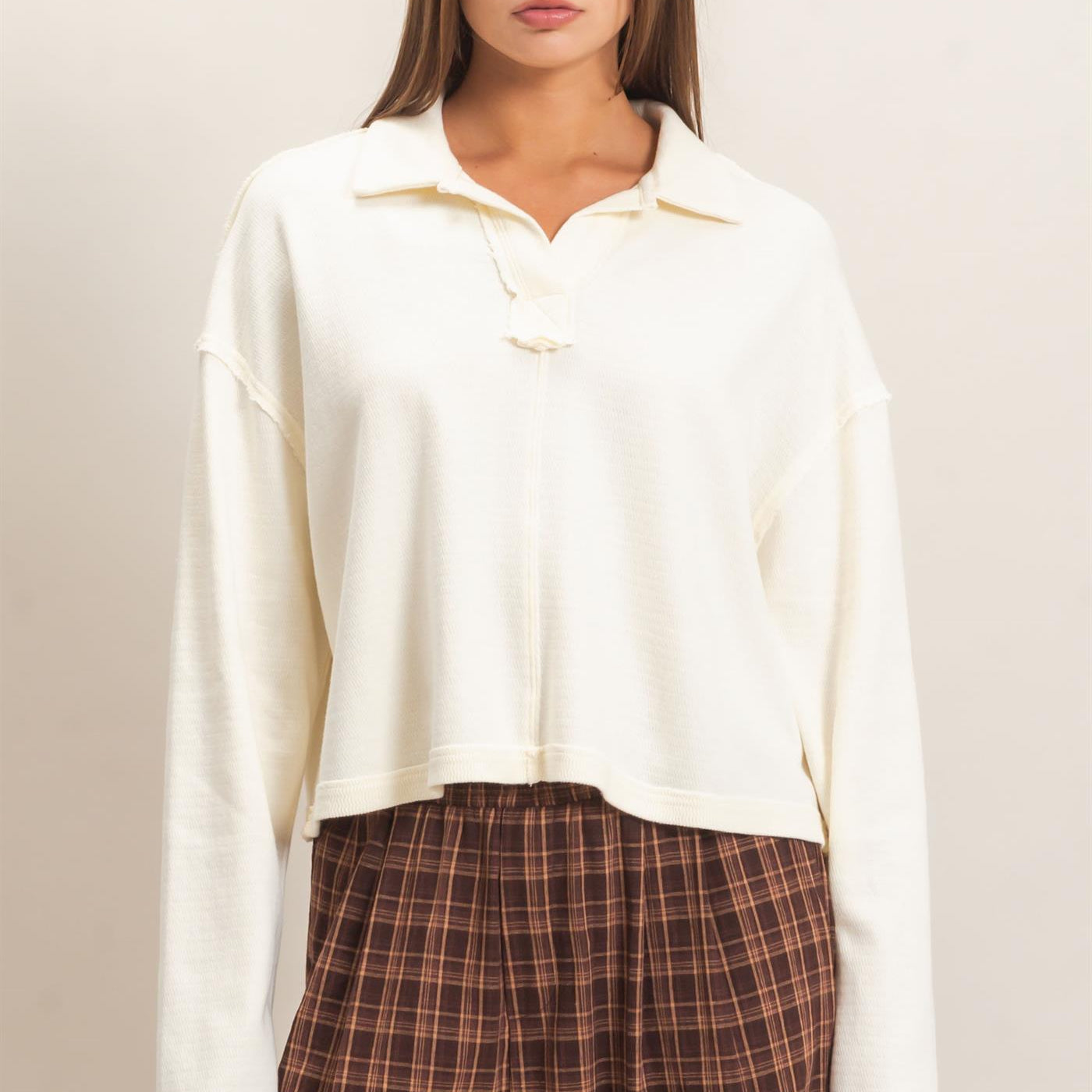 Wholesale Mineral Wash Textured Collar Top Polos DZ26E814 CREAM DOUBLE ZERO