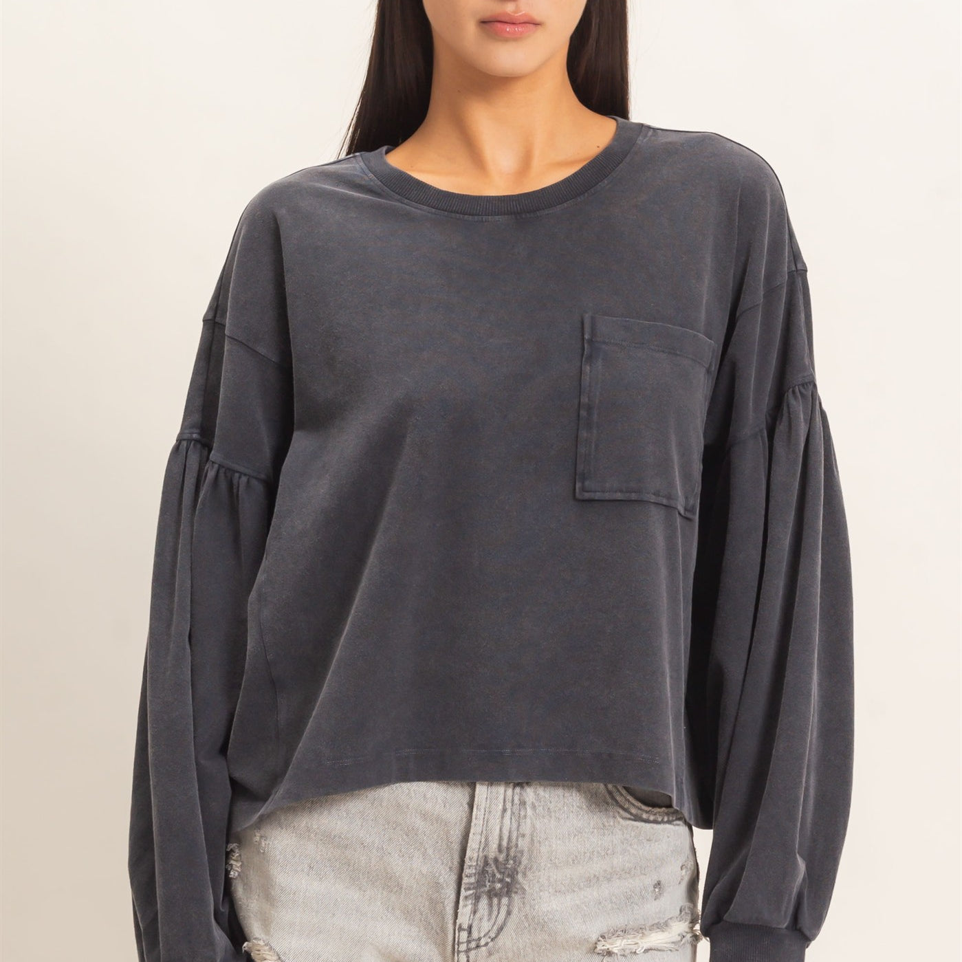 Wholesale Mineral Wash Puff Long Sleeve Boxy Top Clothing Tops DZ26F402 BLACK DOUBLE ZERO