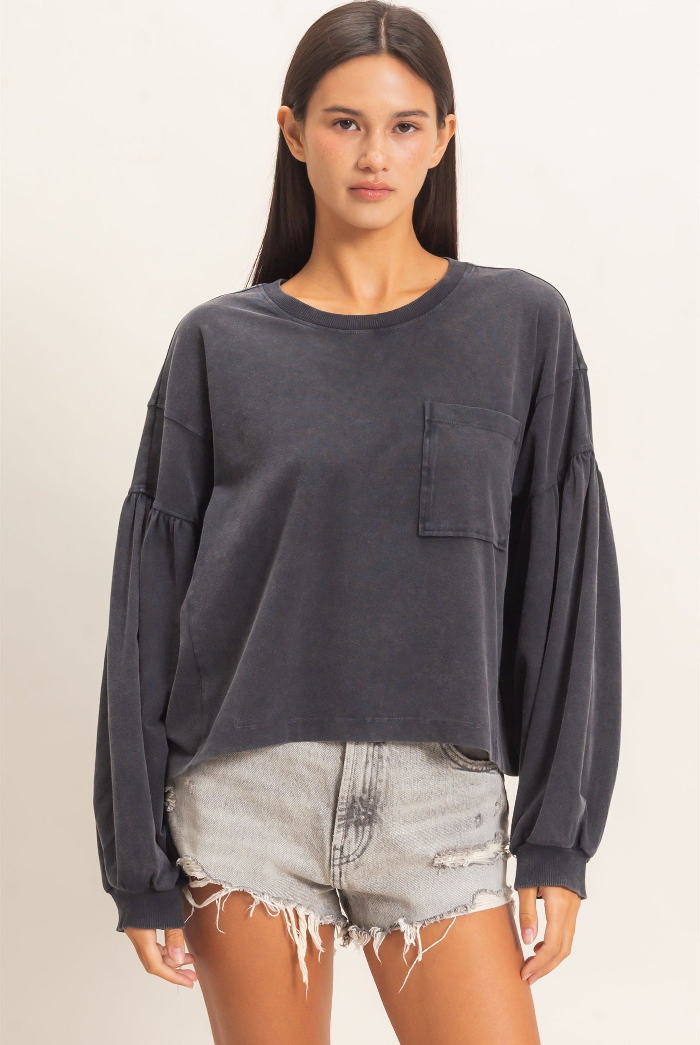 Wholesale Mineral Wash Puff Long Sleeve Boxy Top Clothing Tops DZ26F402 BLACK DOUBLE ZERO