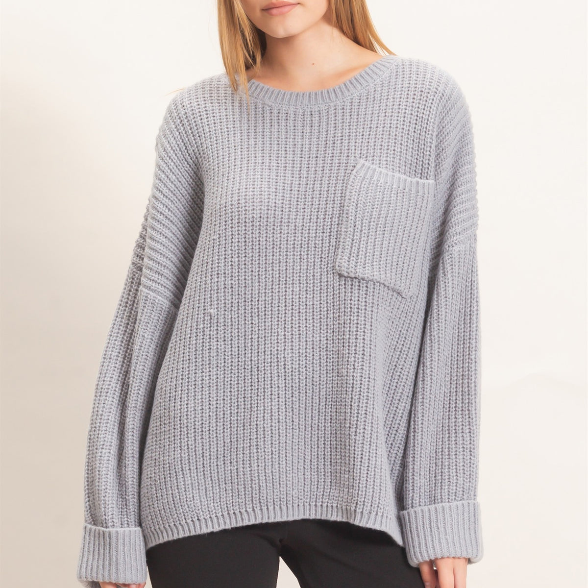 Wholesale Ribbed Knit Patch Pocket Sweater Sweaters HF26F177 H.GRAY HYFVE