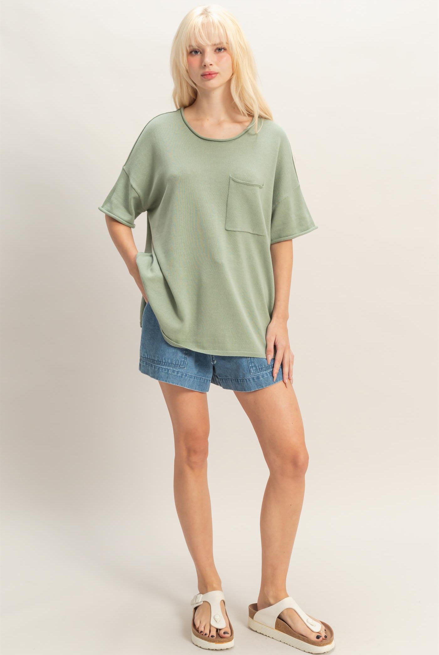 Wholesale Oversized Short Sleeve Round Neck Pocket Knit Top Clothing Tops DZ26A691 SAGE GREEN DOUBLE ZERO