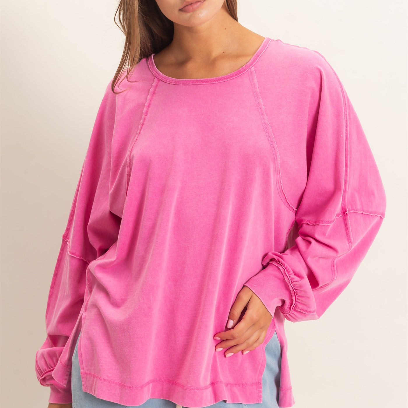 Wholesale Raglan Sleeve Snow Wash Top Shirts DZ26E945 FUCHSIA DOUBLE ZERO