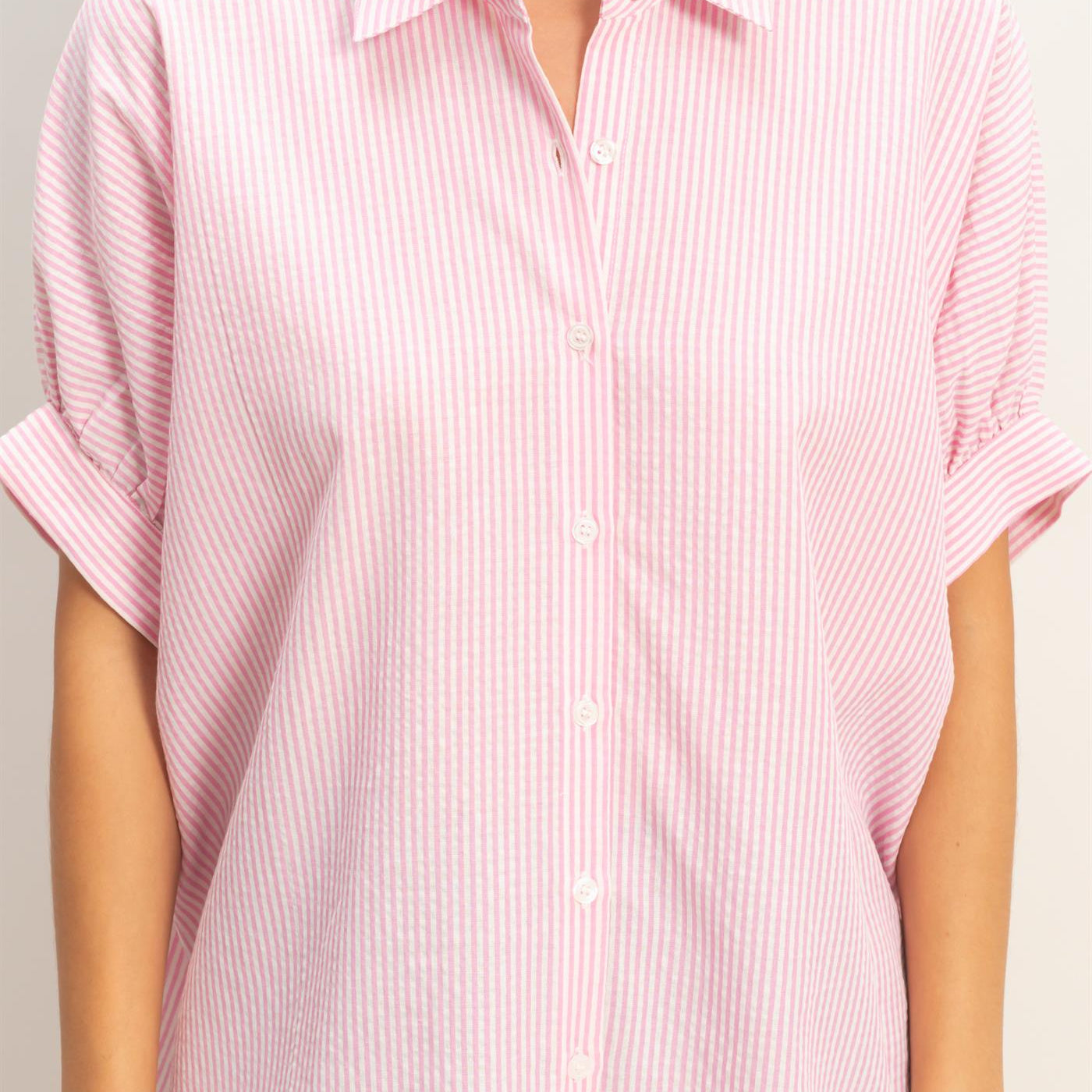 Wholesale Striped Short Sleeve Button-Front Blouse T-Shirts DZ26C276 PINK DOUBLE ZERO