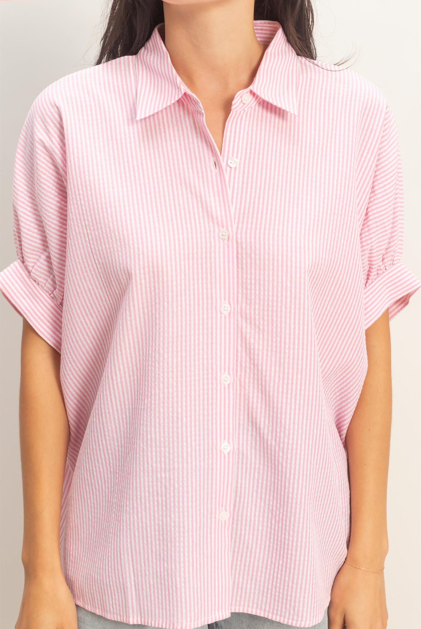Wholesale Striped Short Sleeve Button-Front Blouse T-Shirts DZ26C276 PINK DOUBLE ZERO