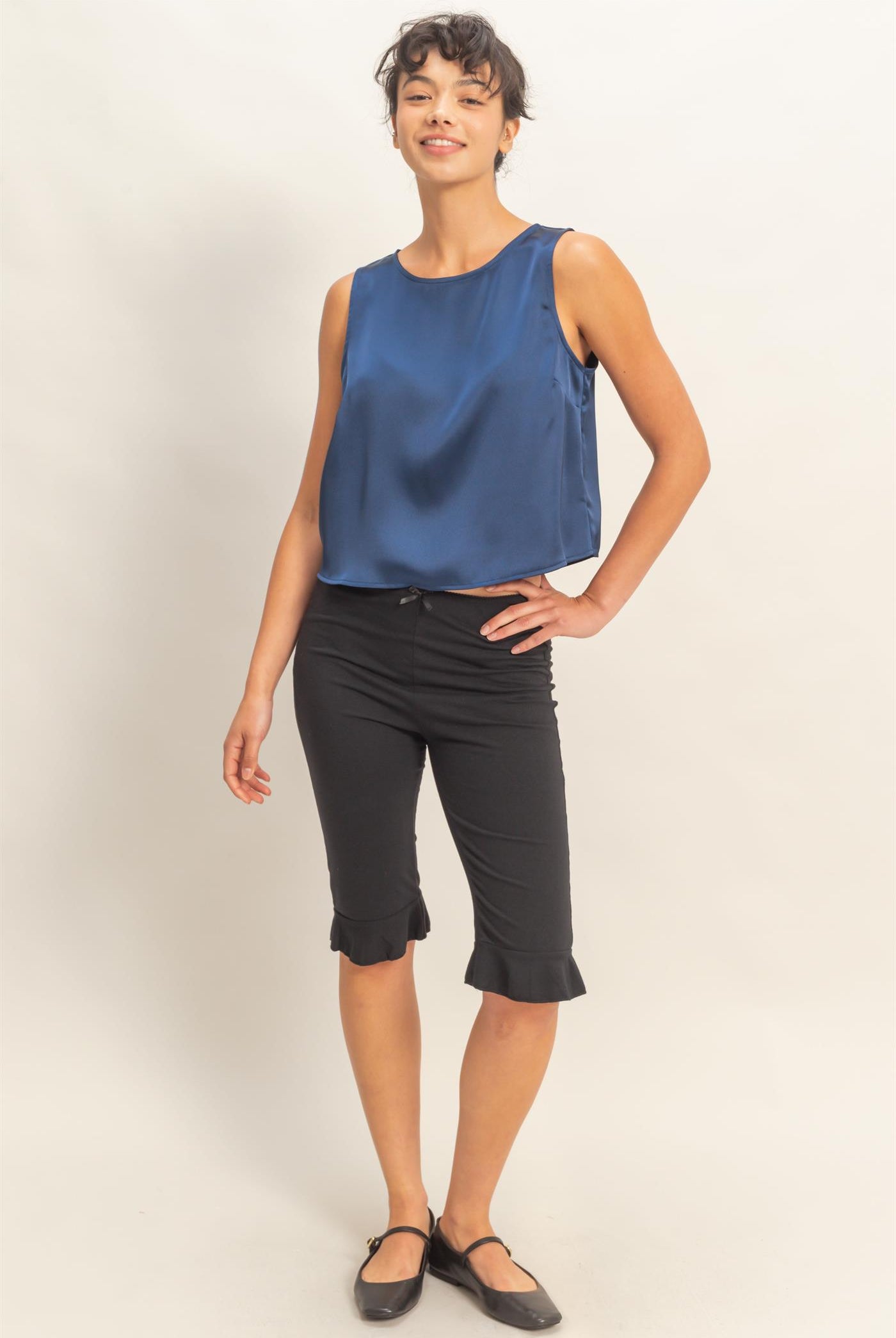 Wholesale Satin Sleeveless Round Neck Top With Back Keyhole Clothing Tops DZ26C084 NAVY DOUBLE ZERO