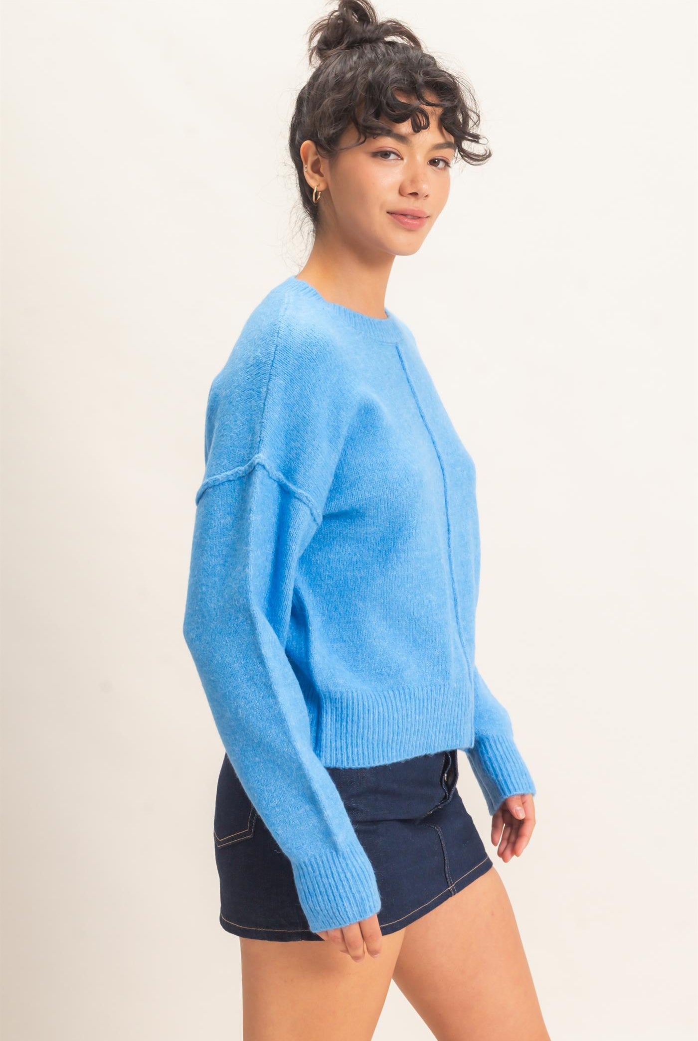 Wholesale Crew Neck Seam Detail Sweater Sweaters DZ26E240 BLUE DOUBLE ZERO
