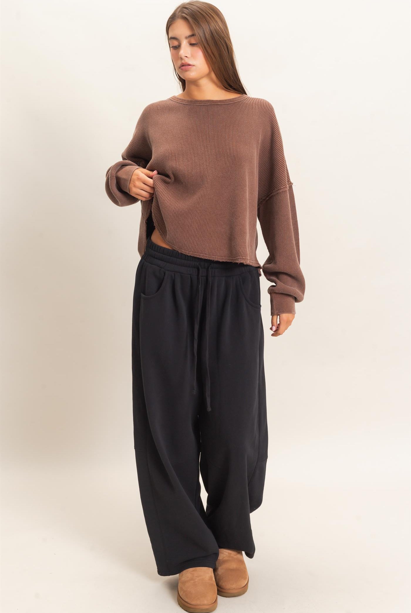 Wholesale Mineral Wash Waffle Oversized Top Clothing Tops DZ26E248 DARK BROWN DOUBLE ZERO