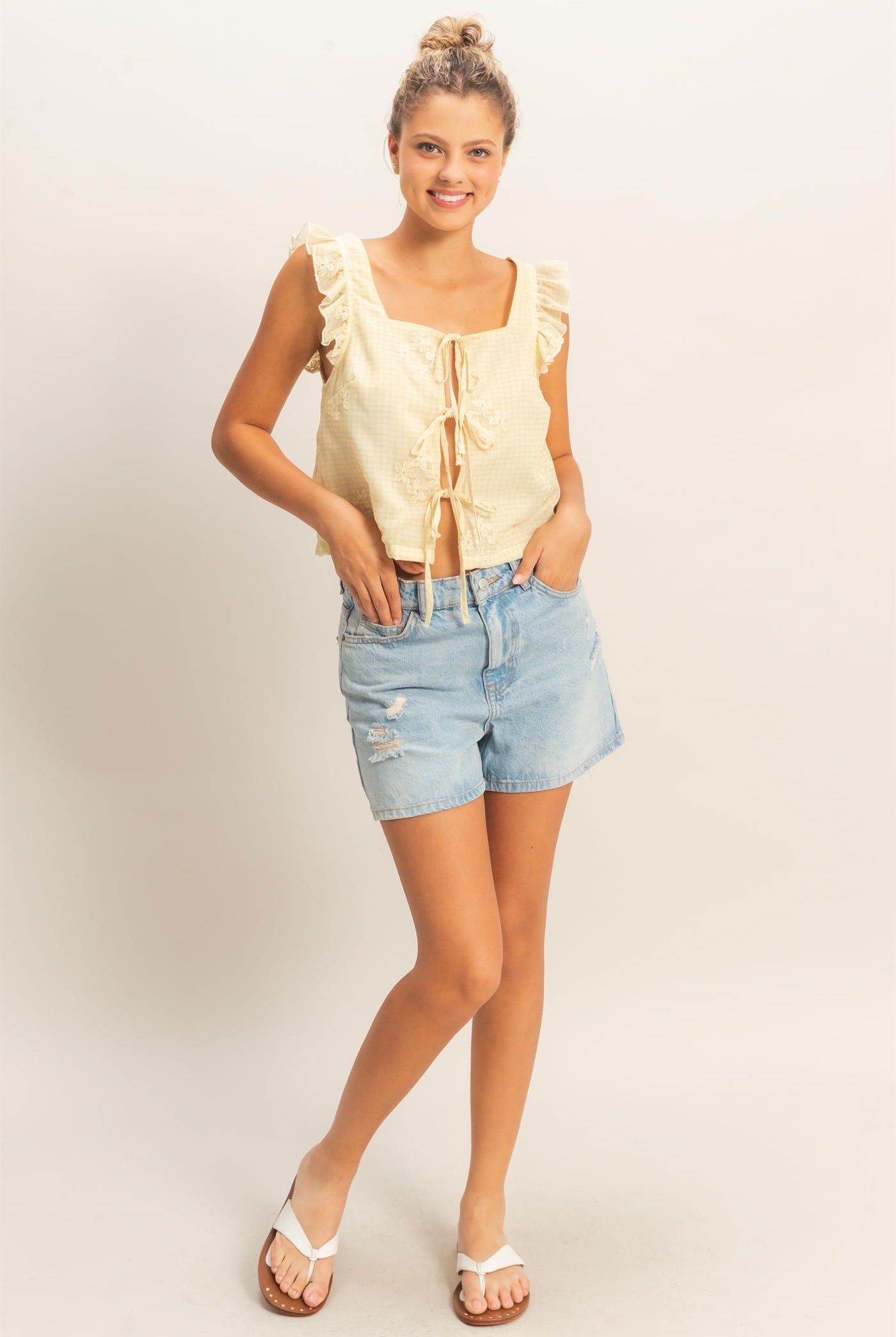 Wholesale Embroidered Gingham Tie Front Top Clothing HF26A501 YELLOW HYFVE