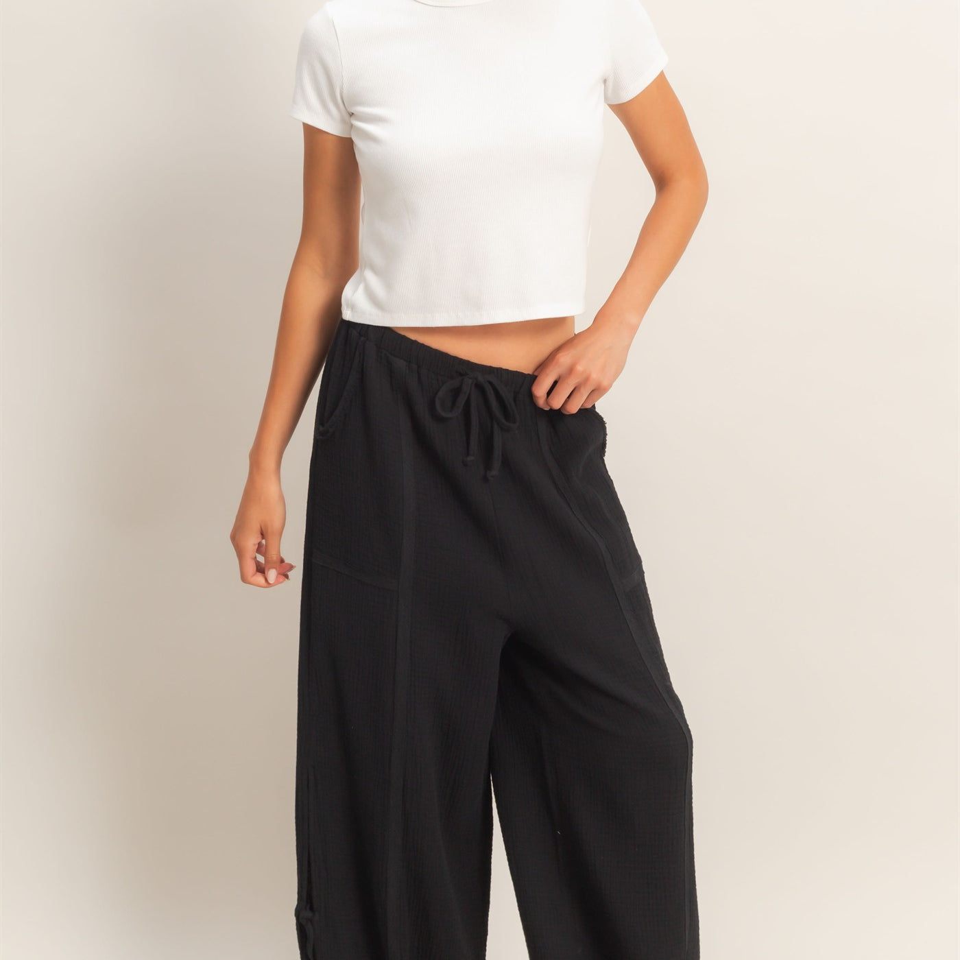 Wholesale Gauze Drawstring Jogger Pants Joggers HF26A822 BLACK HYFVE