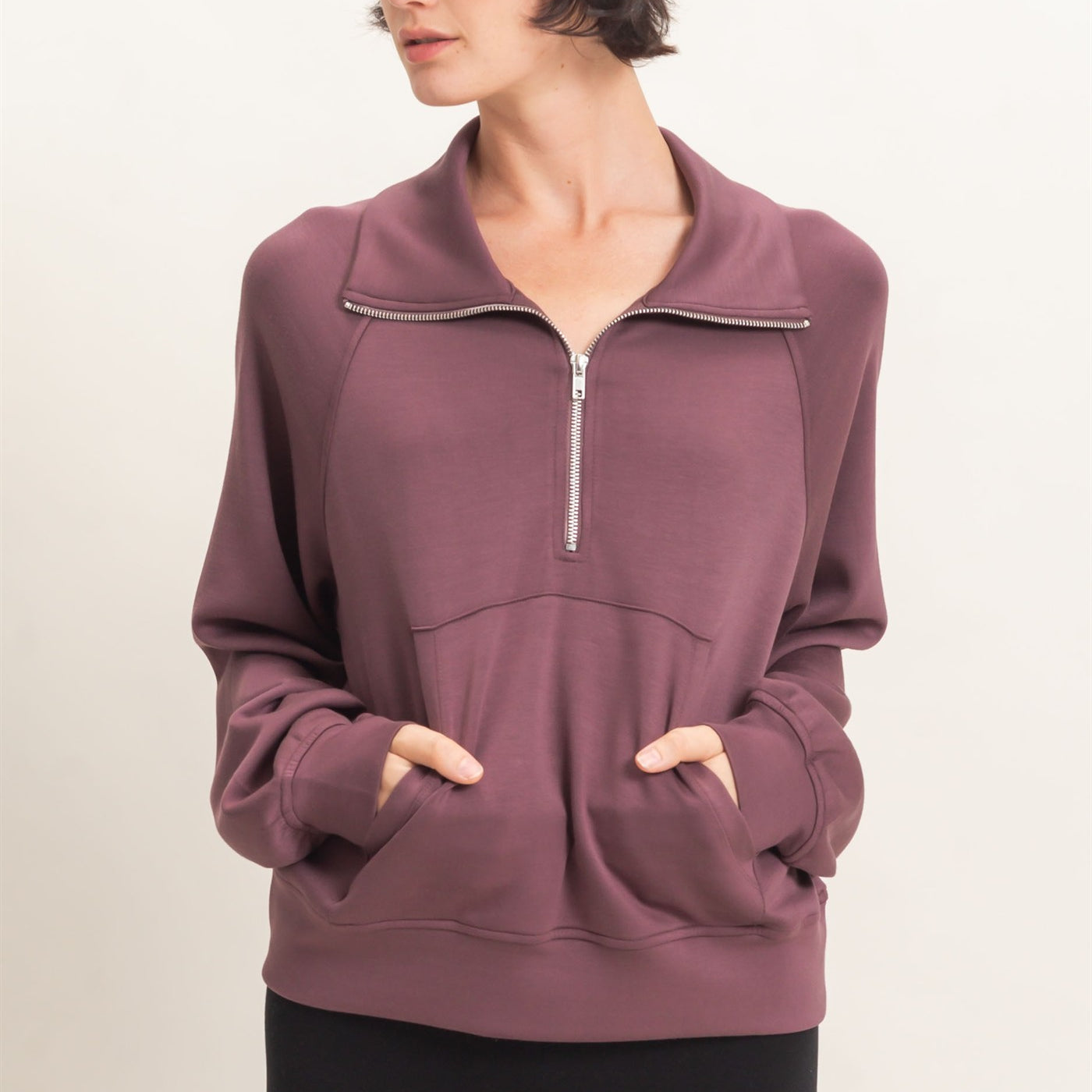 Wholesale Half-Zip Collar Raglan Pullover Sweatshirts DZ26C967 COCOA DOUBLE ZERO